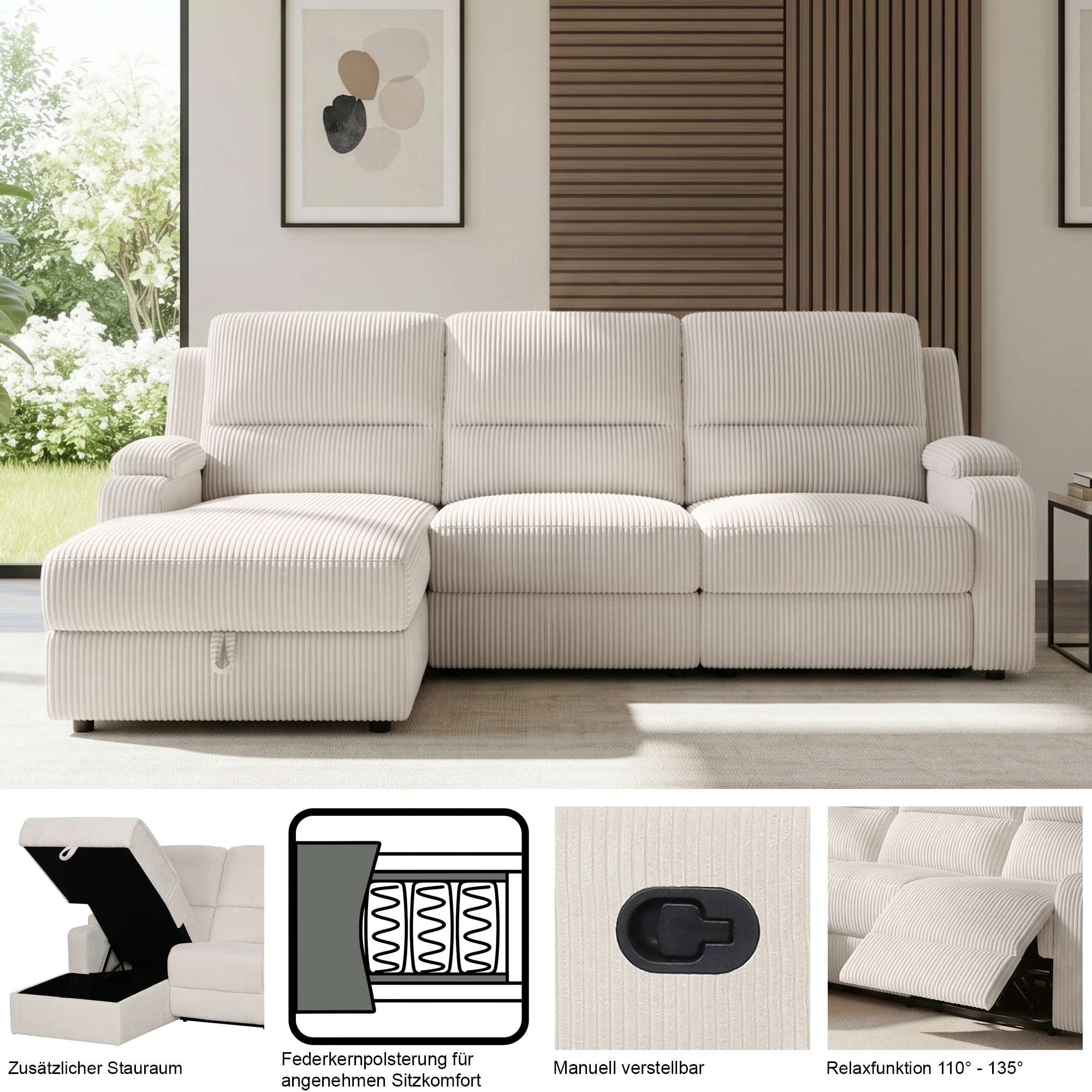 OTTO home Ecksofa »NAPORI Cord, L-Form, 210cm, man./elektr. Relaxfunktion« USB-A bei elektr. Variante, Staukasten, Seitentaschen u. Federkern
