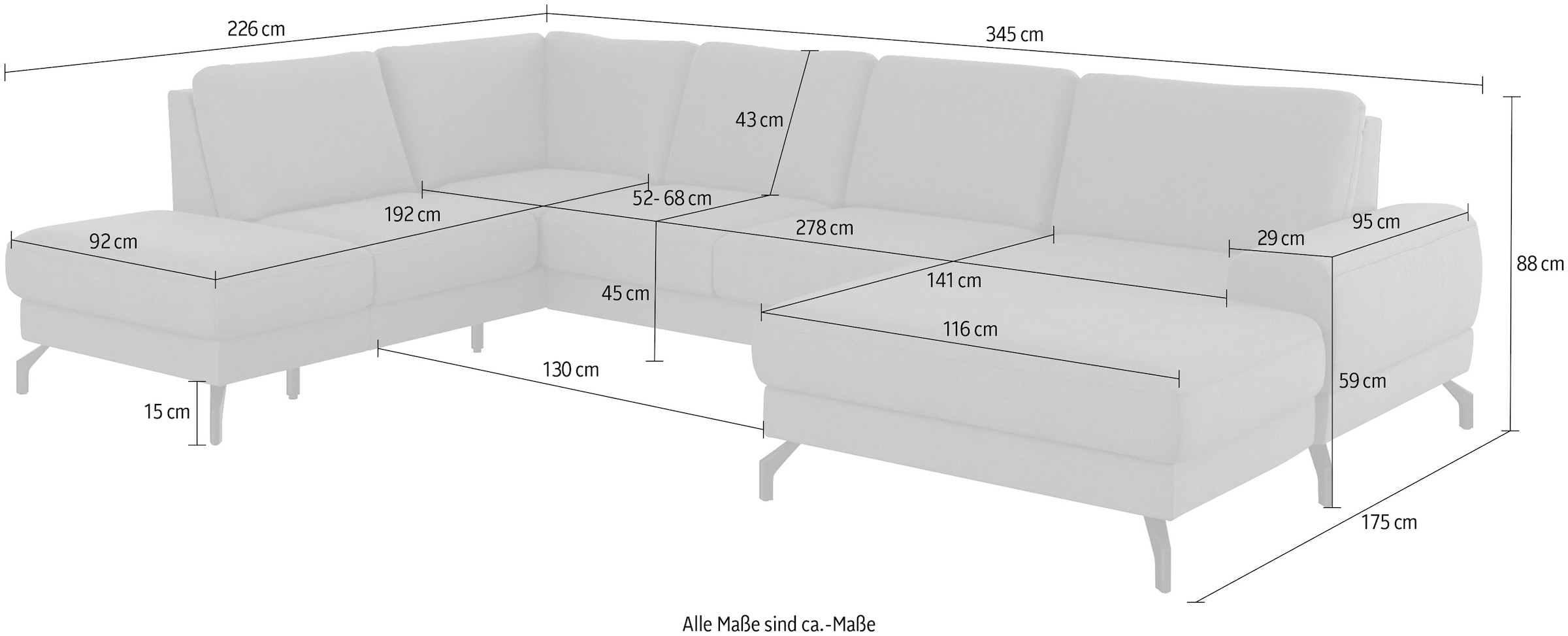 sit&more Wohnlandschaft »Cinturo U-Form«, inklusive Sitztiefenverstellung und Federkern, Sitzhöhe 45 cm