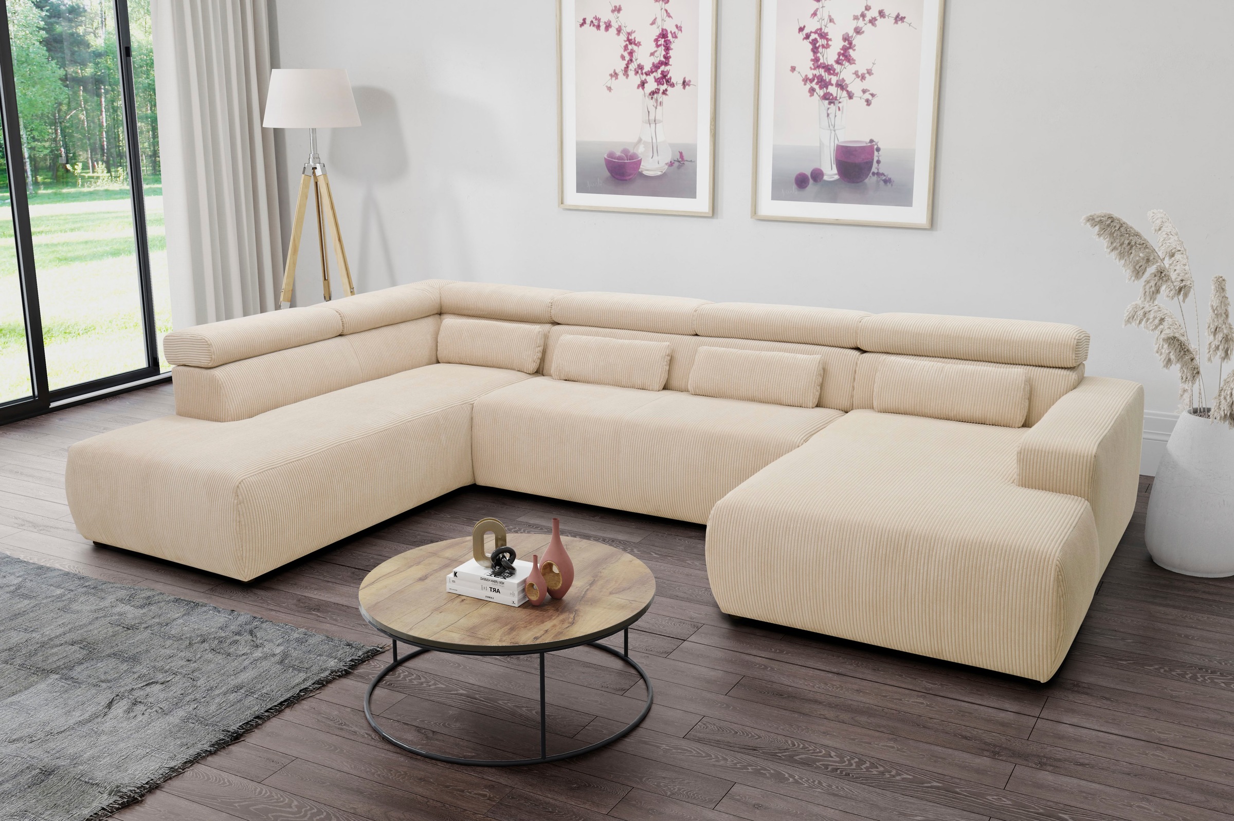 DOMO collection Wohnlandschaft »Brandon viele Bezugsarten, auch in Cord und Leder, incl. Nierenkissen«, mit Kopfteilverstellung, wahlweise Sitztiefenverstellung, U-Form