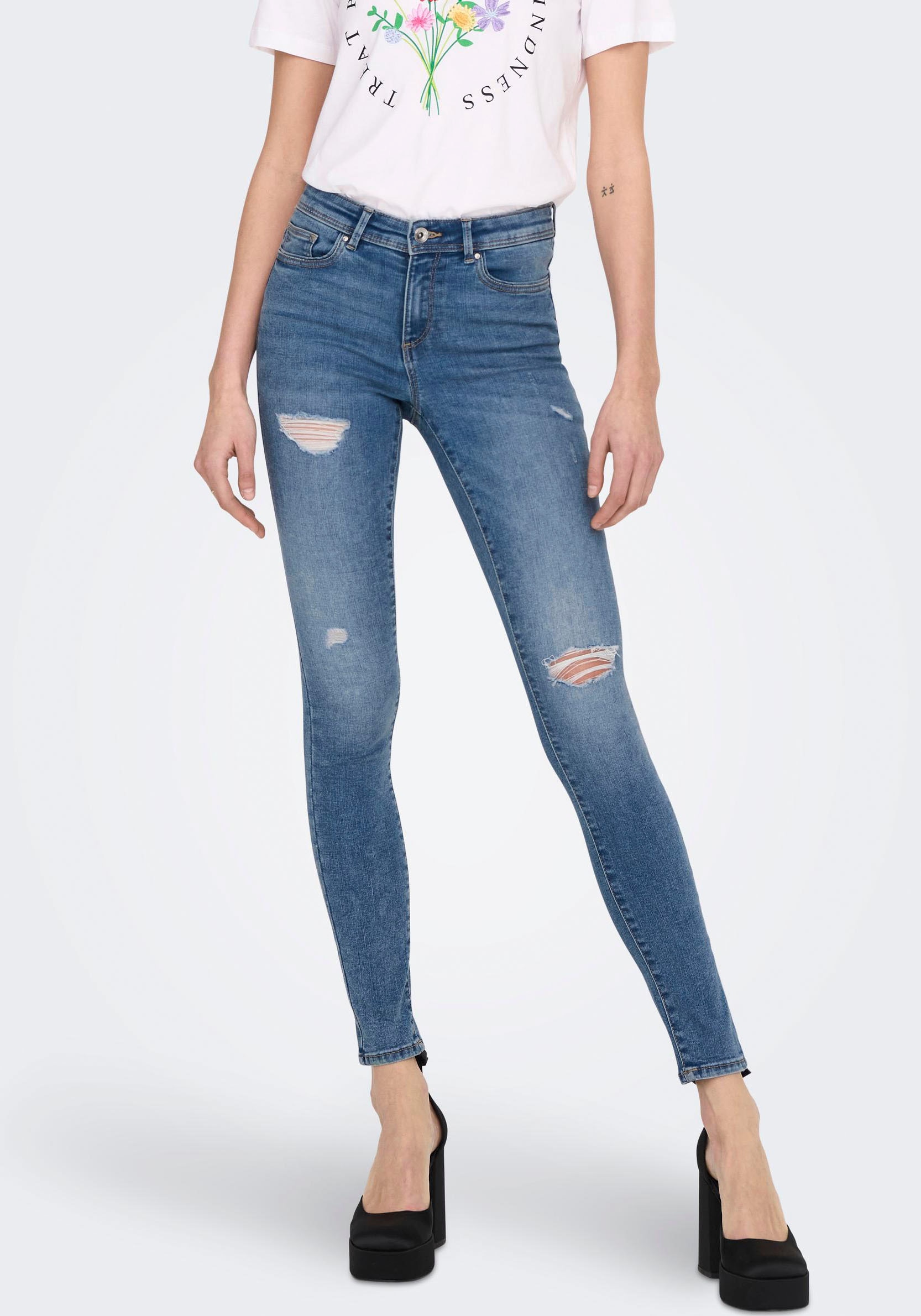 Skinny-fit-Jeans »ONLWAUW MID SK DESTROY DNM BJ210«, mit Destroyed Effekt