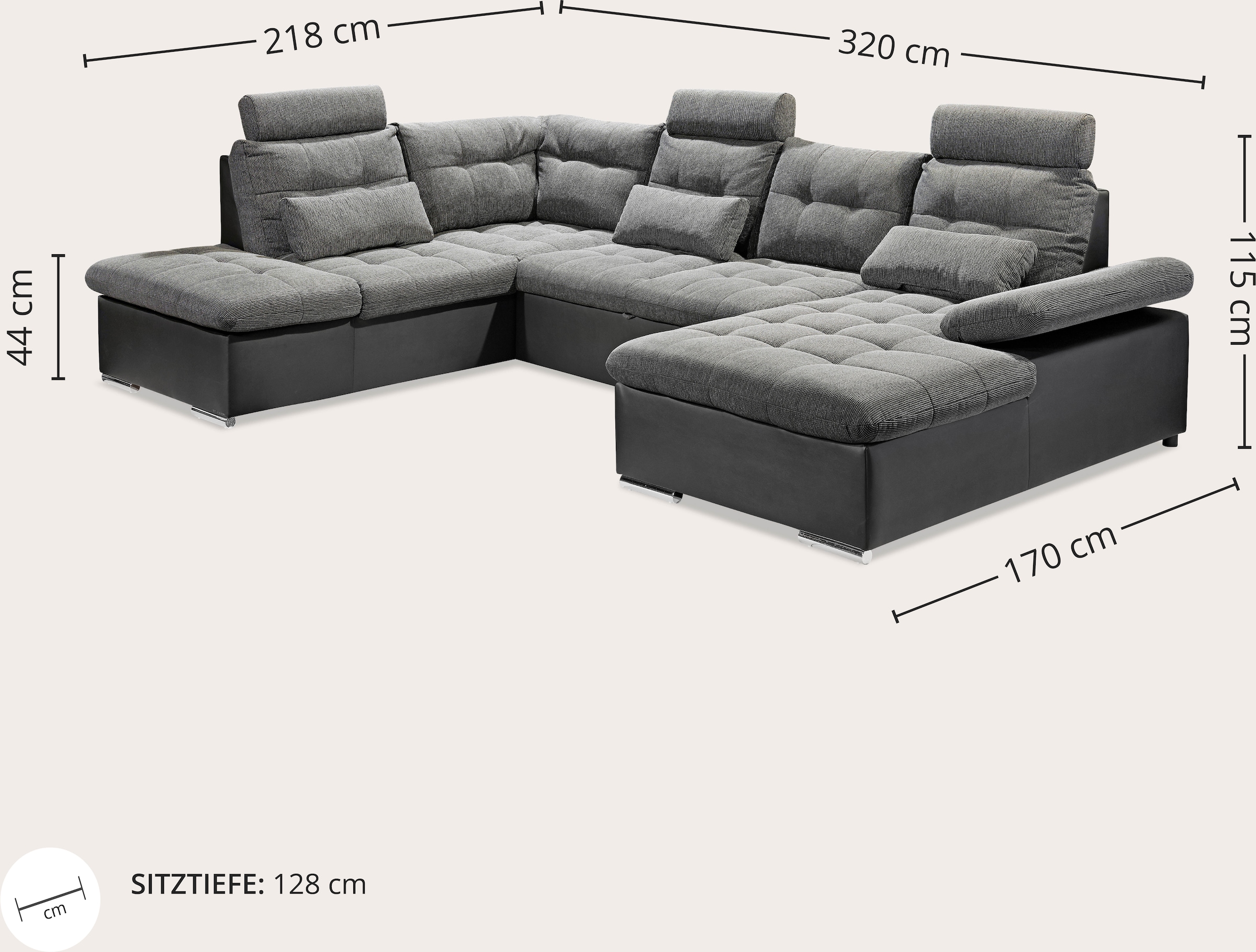 ED EXCITING DESIGN Wohnlandschaft »Jakarta U-Form mit Bettfunktion, Bettkasten« Armteilverstellung, Kopfstützen & 3 Nierenkissen