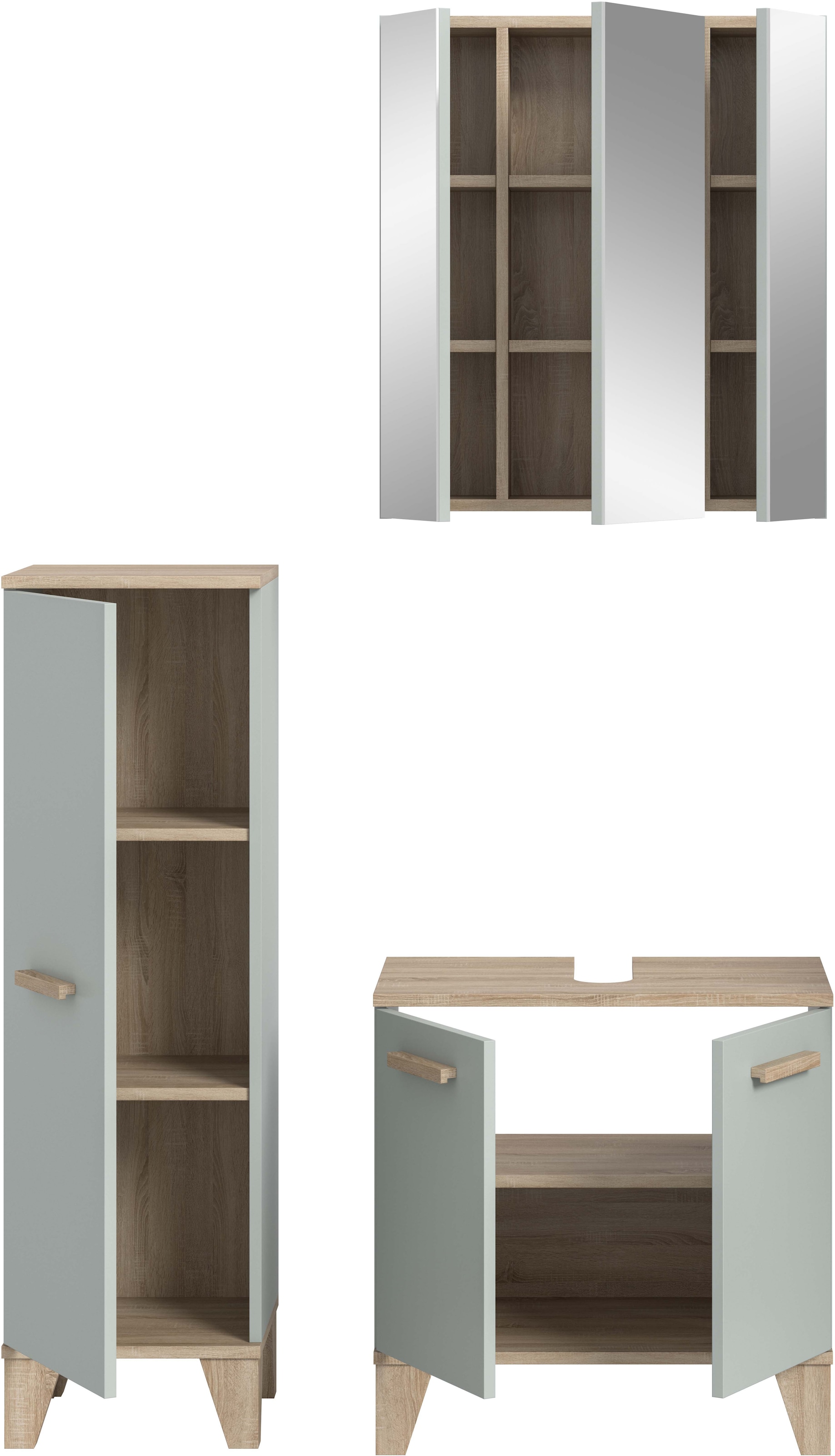 welltime Badmöbel-Set »MINTTU, 3-teilige moderne Badkombination im SCANDI-Look« bestehend aus: Midischrank, Waschbeckenunterschrank & Spiegelschrank, 3 Stk. tlg.