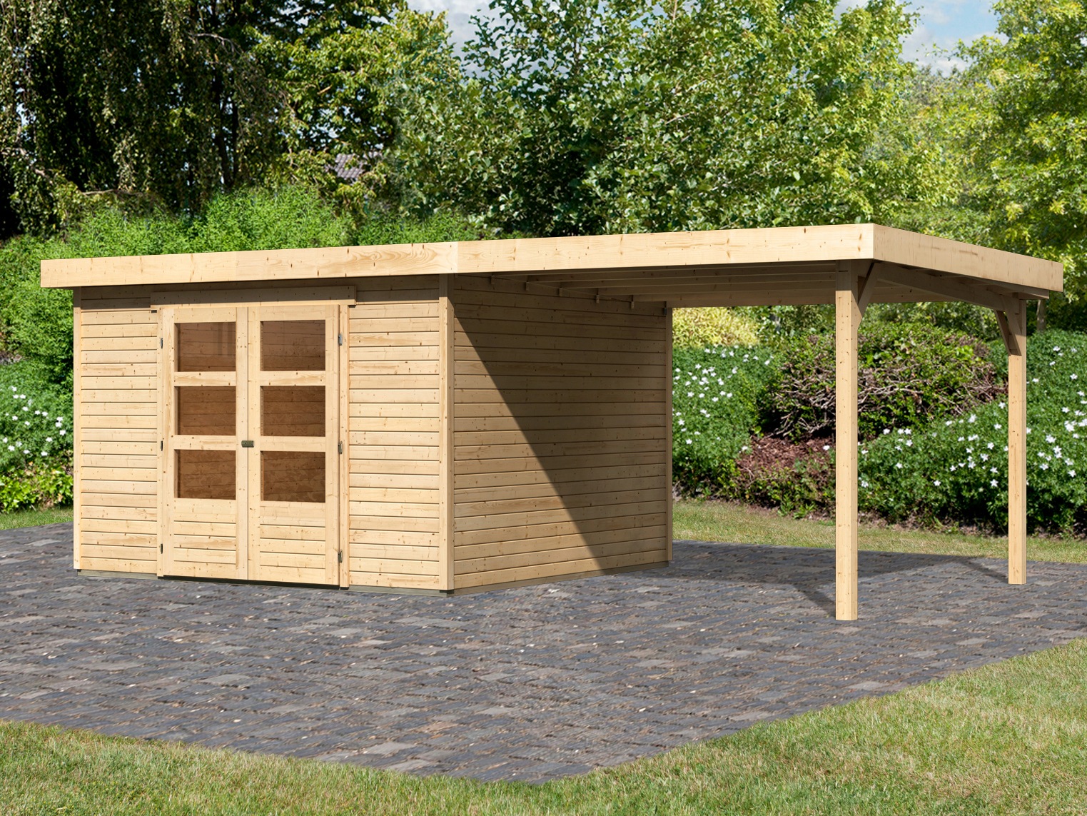 KARIBU Gartenhaus »Arnis« mit Anbaudach 2, 80 m Breite naturbelassen 0