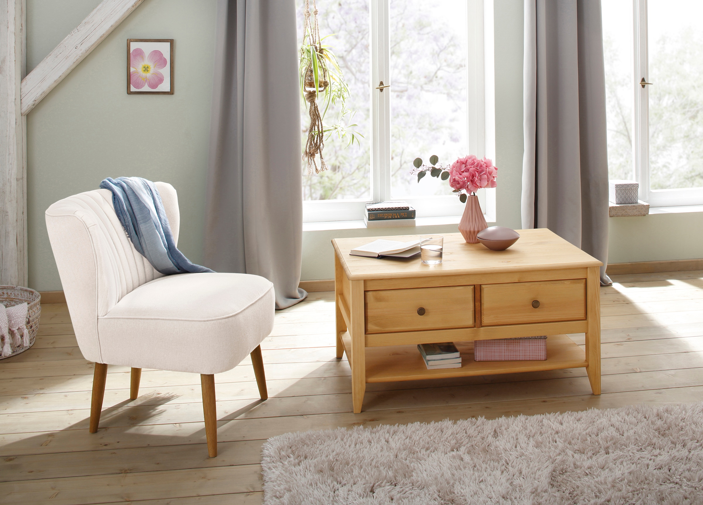 Home affaire Couchtisch »Leonis«, Breite 89 cm, mit Schubladen und Ablageboden, aus massiver Kiefer