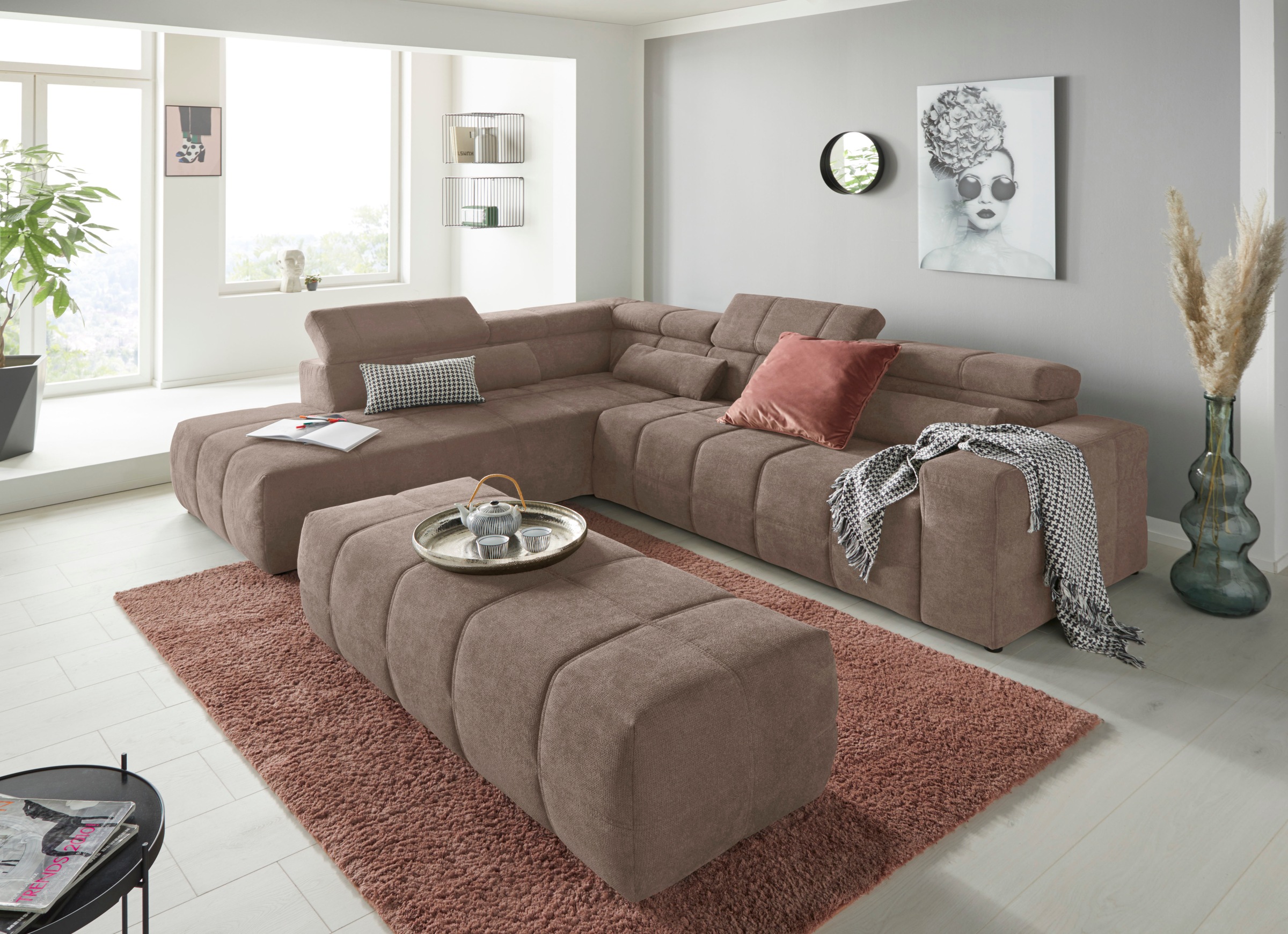 DOMO collection Ecksofa »Brandon L-Form, auch in Leder«, inklusive Kopfteilverstellung, wahlweise mit Sitztiefenverstellung