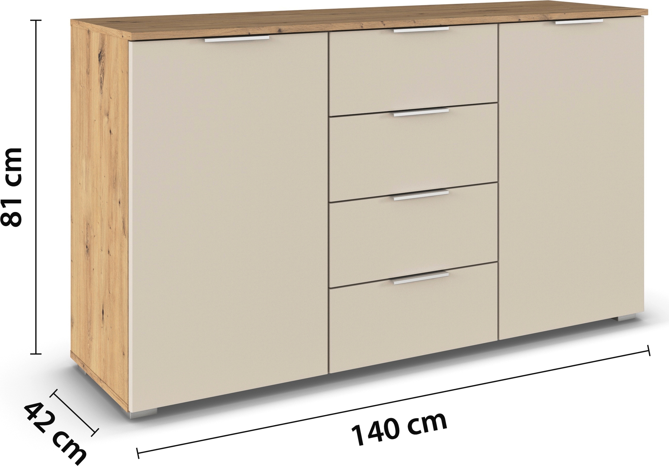 rauch Kombikommode »Sideboard Schubladenkommode AGORDO mit Dekor- oder Hochglanzfront«, (in zwei Griff-Farben), mit 4 Schubkästen und 2 Türen sowie Metallgriffen MADE IN GERMANY
