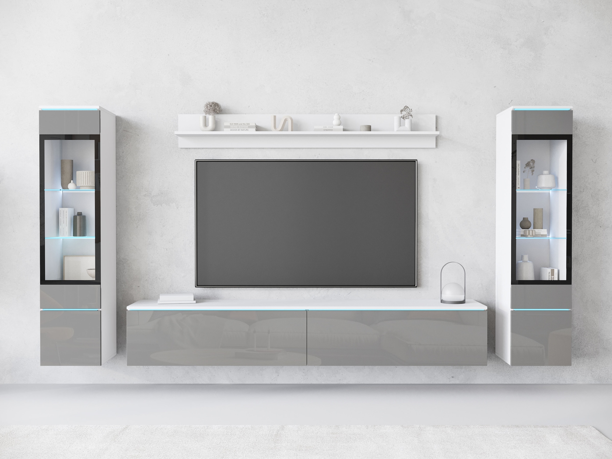 INOSIGN Wohnwand »VERA II, Vitrinen Türanschlag wechselbar«, (Komplett-Set, 4 St.), Vitrine mit Verglasung, stehend und hängend, inklusive Beleuchtung