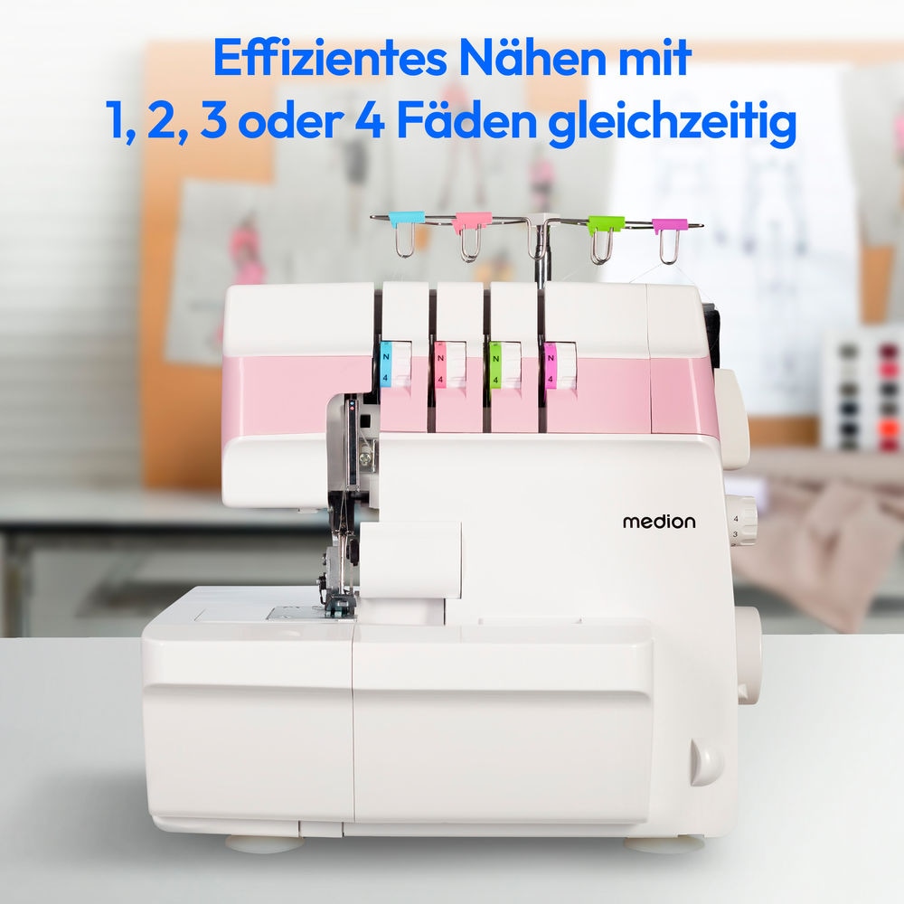 Medion® Overlock-Nähmaschine »MD 19169, Teleskopfadenführung, Zubehör- Fach,«, 4 Fäden gleichzeitig, Nähen mit 2 Nadeln, Einstellbare Fadenspannung