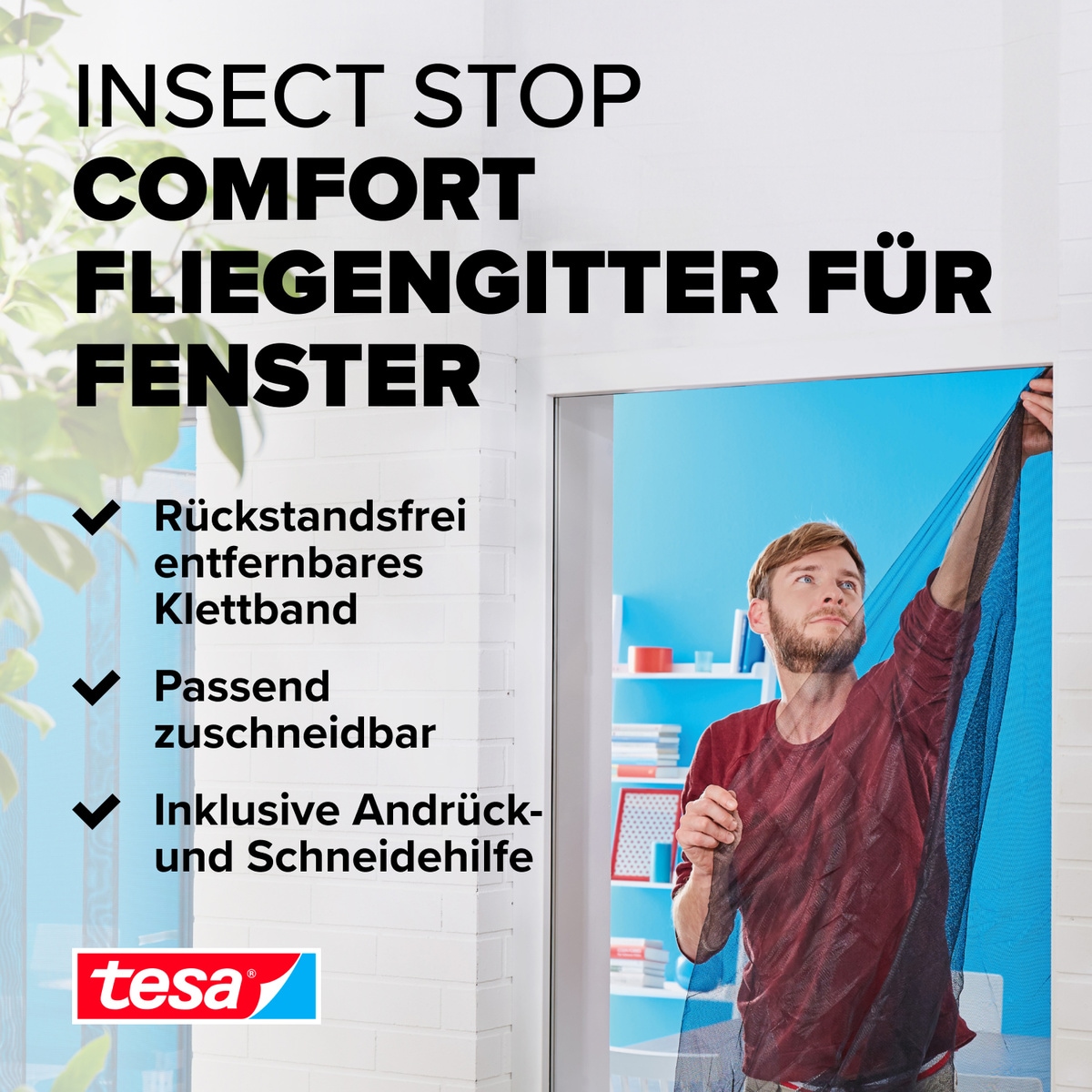 tesa Insektenschutz-Fensterrahmen »Insect Stop Comfort Fliegengitter für Fenster - 1.3 m x 1.5 m«, Insektenschutzgitter - ohne Bohren - zuschneidbar