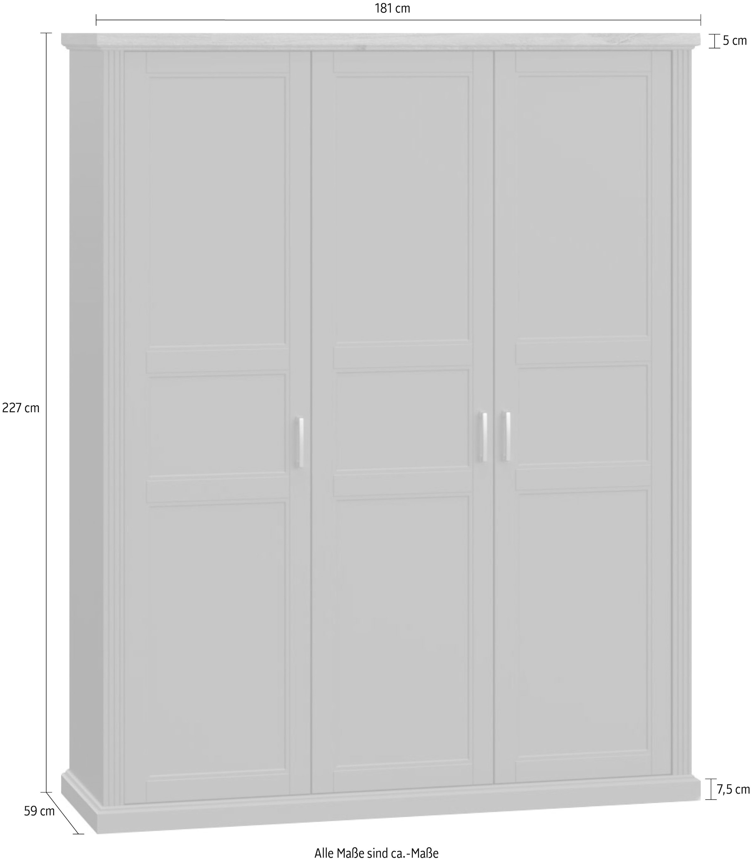 Home affaire Kleiderschrank »Tara, wahlweise 4 Breiten, hoher Schrank 227cm, soft-close-Funktion«, (Landhausstil mit Kranzprofil und Kasettenoptik, Innen Holzdekor), lackiert mit hochwertigen wasserbasiertem UV-Lack, FSC-zertifiziert