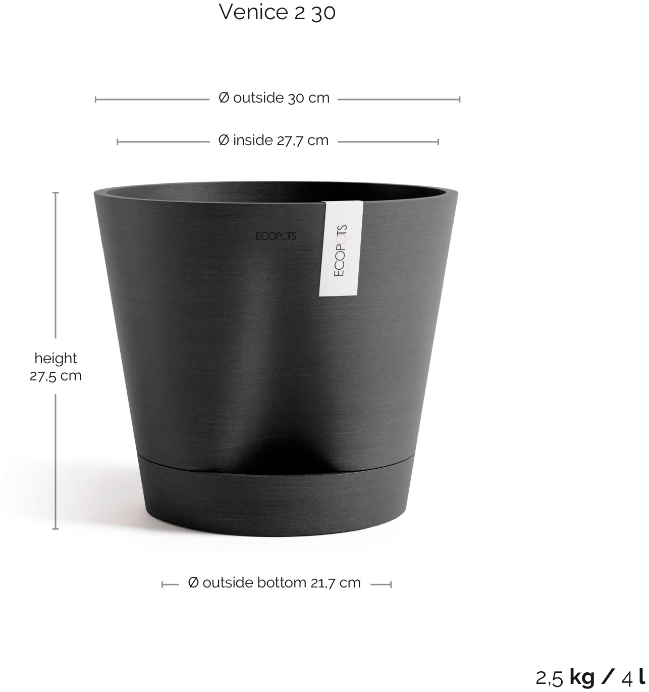ECOPOTS Blumentopf »Venice 2 30 Dunkelgrau«, für den Innenbereich