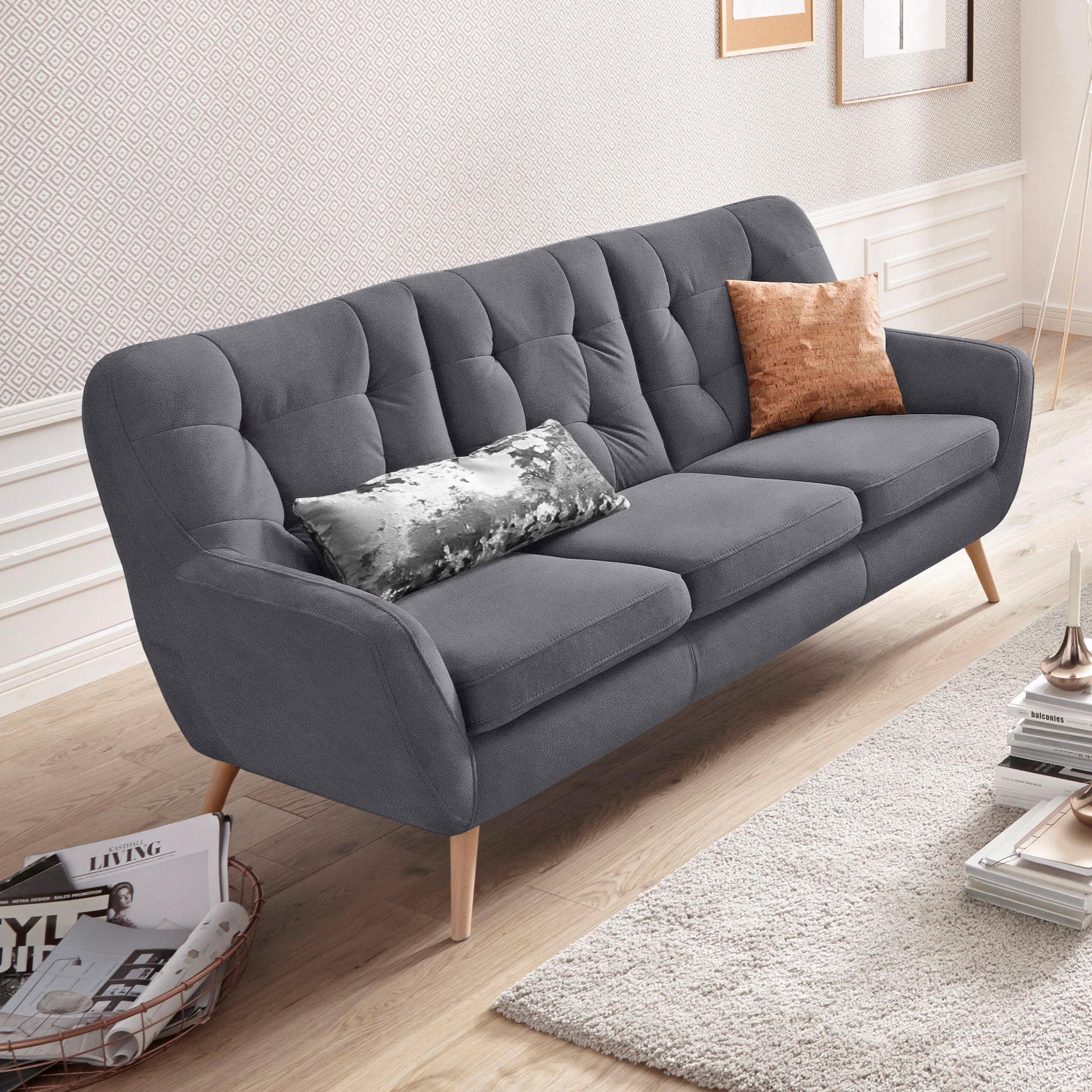 exxpo - sofa fashion 3-Sitzer »Scandi, bequem, aufwendige Rückenpolsterung für mehr Sitzkomfort«, aktuelle Farben in hochwertigen Bezugsqualitäten, Holzfuß