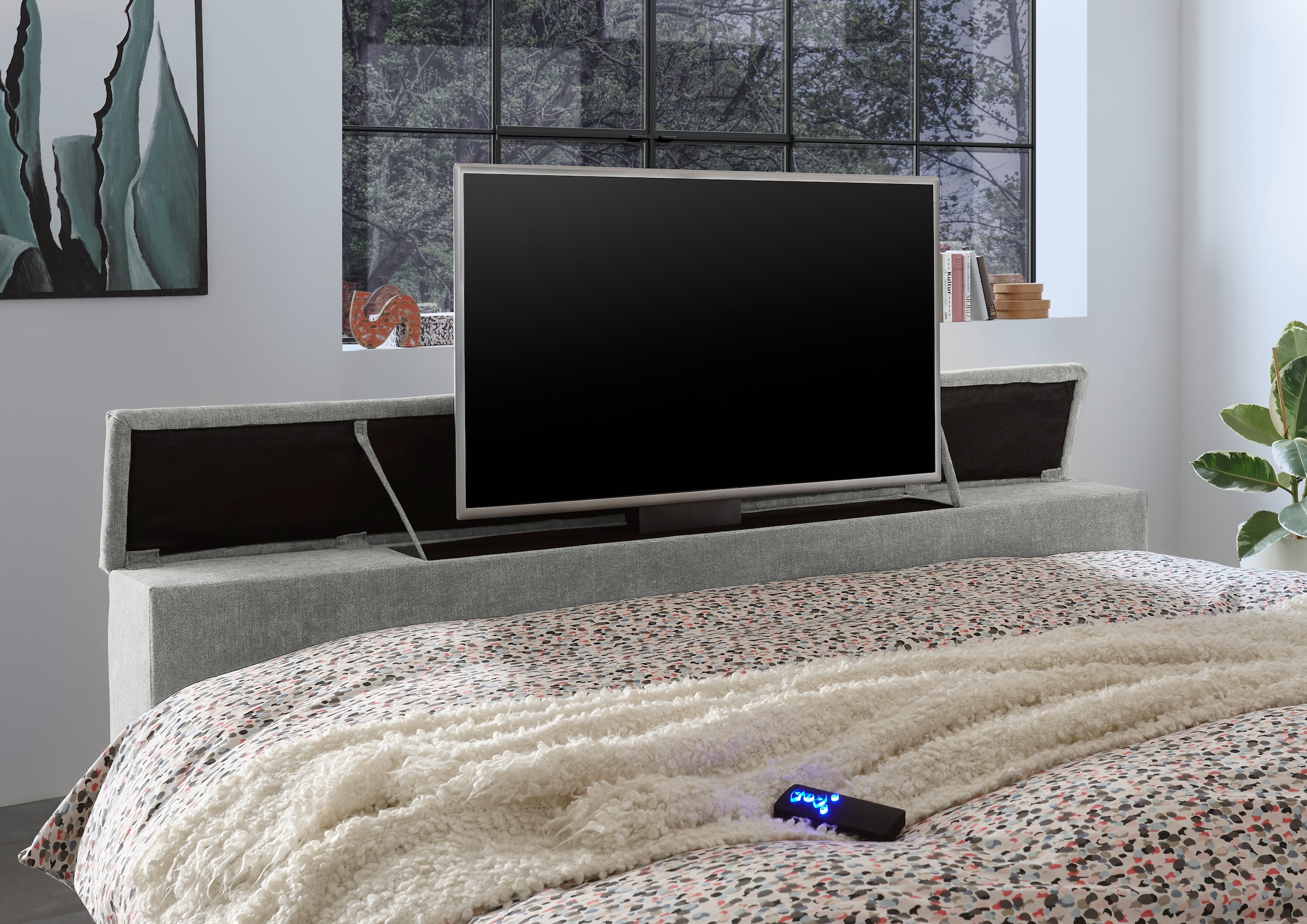 ED EXCITING DESIGN Boxspringbett »Denver«, inkl. Motorverstellung, Duo-Matratze, Topper, und motorisierter TV-Halterung bis 40 Zoll