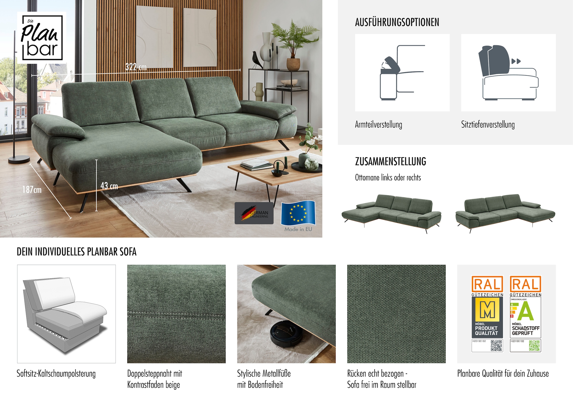 Die PlanBar Ecksofa »ZE-EM18063, Breite 322 cm« wahlweise mit Sitztiefen- und Armteilverstellung