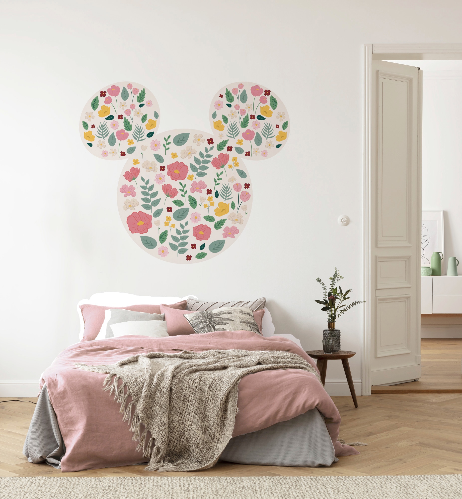 Komar Vliestapete »Vlies selbstklebend - Mickey Head Wildflowers - Größe 125 x 125 cm«, bedruckt, Kinderzimmer