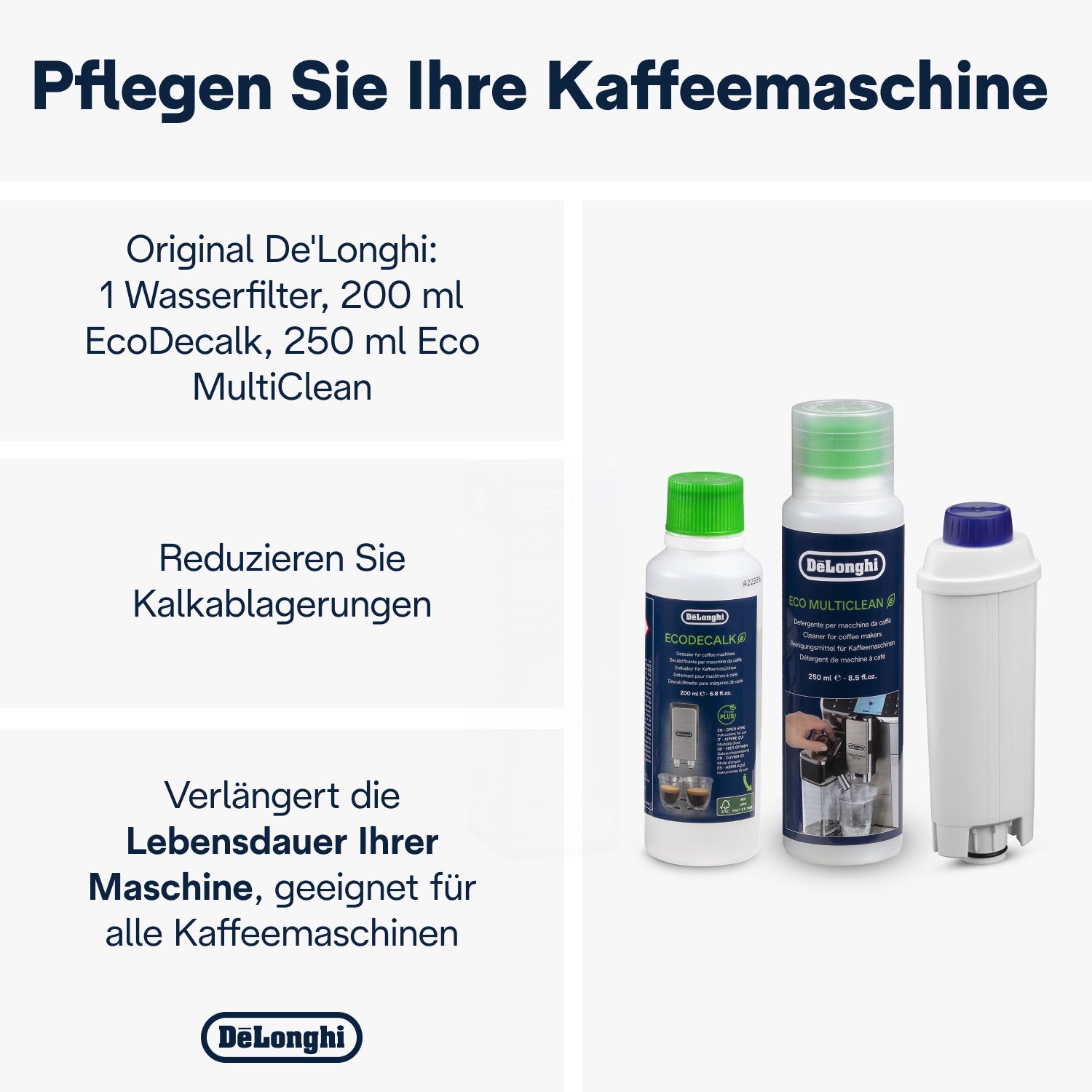 De'Longhi Pflegeset »DLSC306 Original, für Kaffeemaschinen & Kaffeevollautomaten« EcoMulticlean 250ml, EcoDecalk 200ml, Wasserfilter, Mikrofasertuch