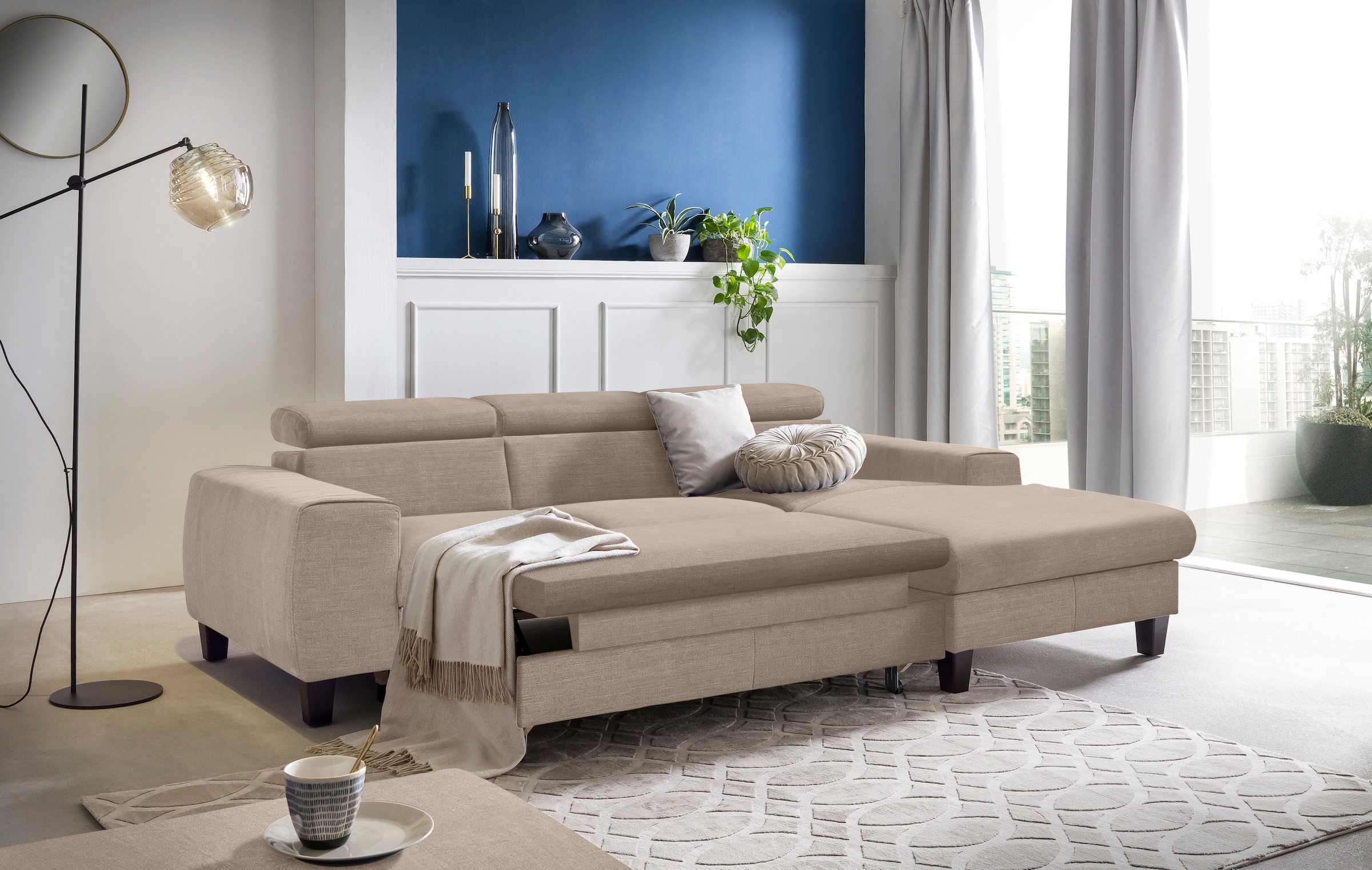 COTTA Ecksofa »Morven L-Form mit Kopfteilverstellung«, wahlweise mit Bettfunktion, Bettkasten & Wireless-Charger