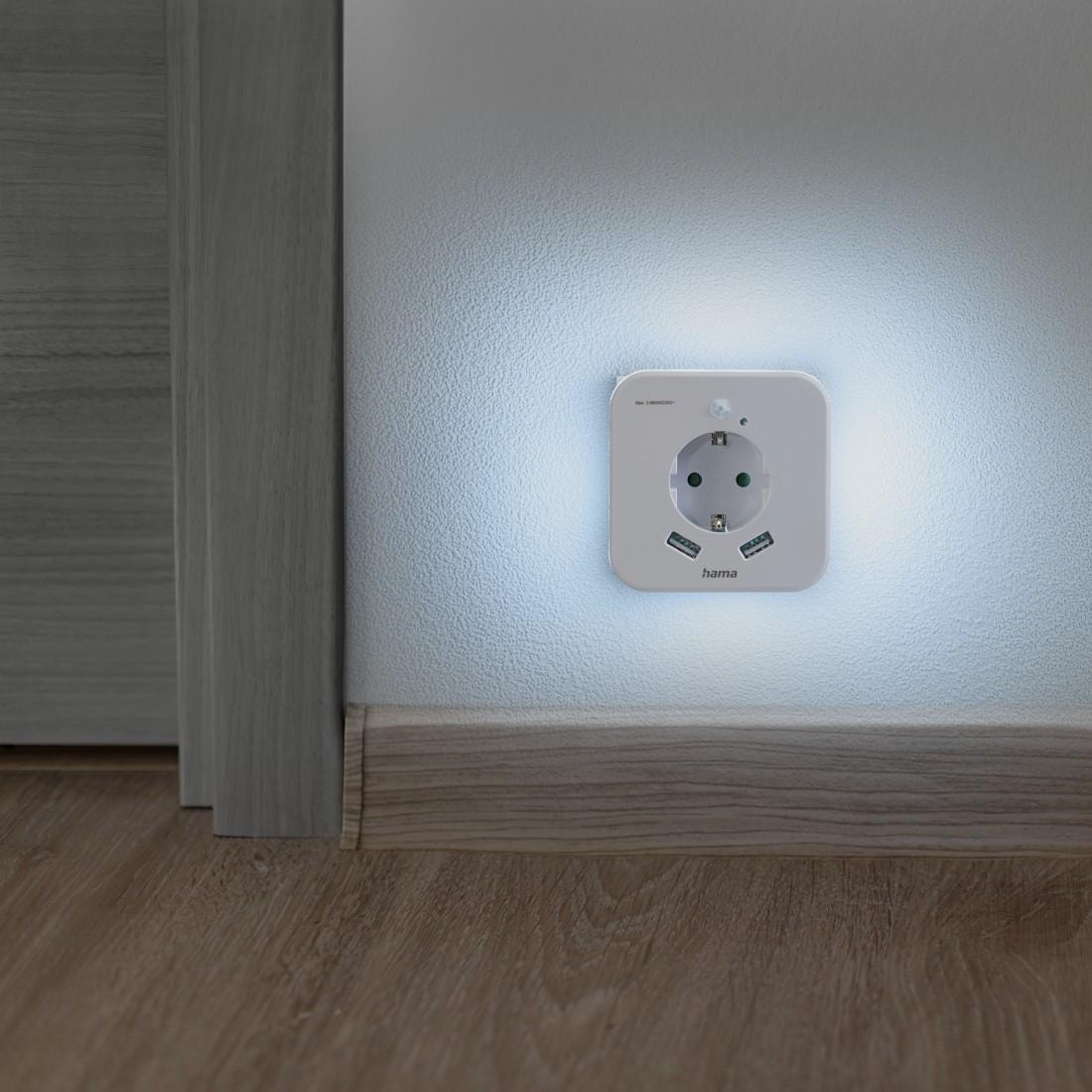 Hama LED Nachtlicht »Nachtlicht mit Steckdose für Baby, Kinder und Erwachsene, taglichtweiß« Tageslichtweiß Bewegungsmelder und 2 USB
