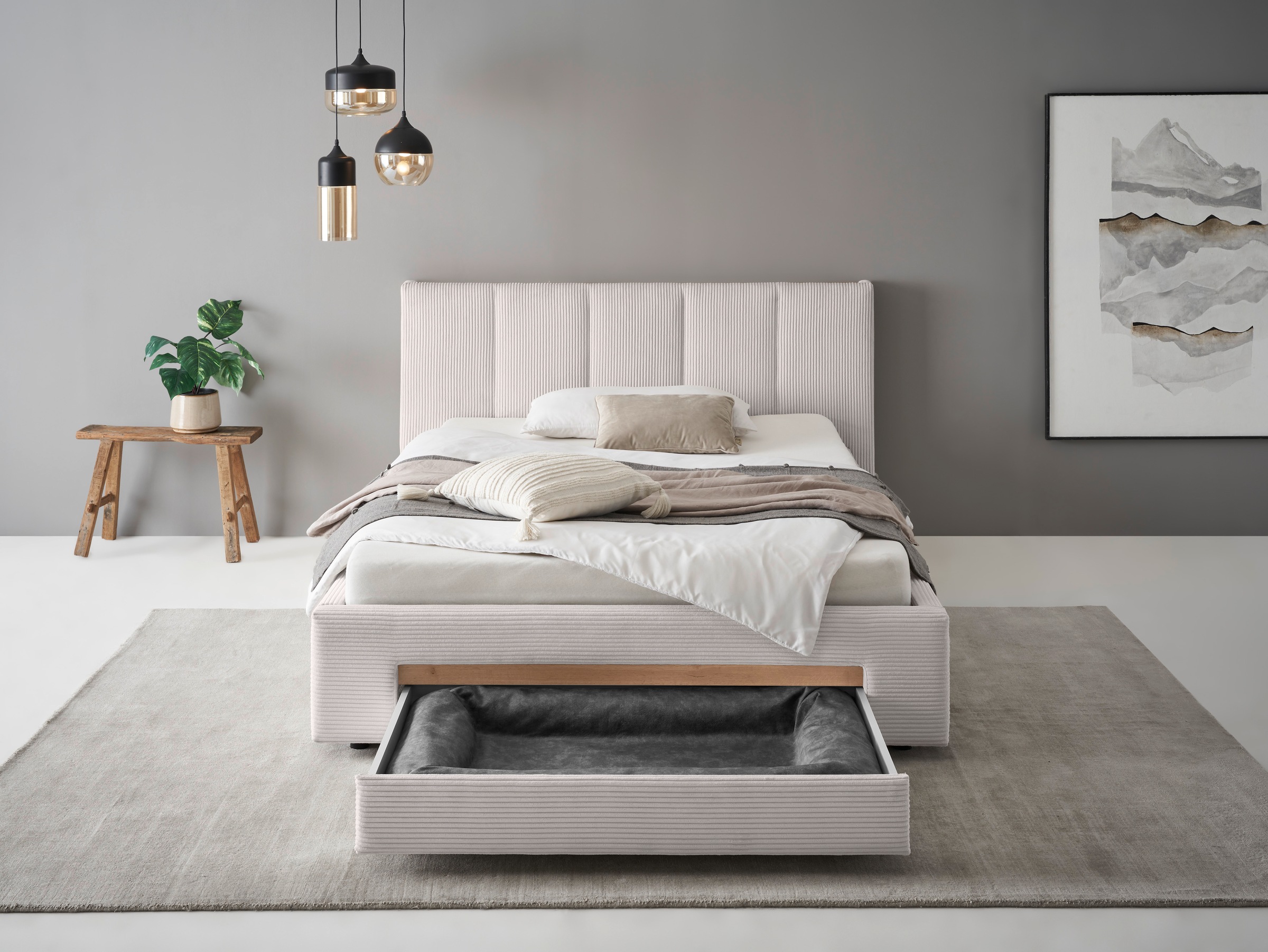 INOSIGN Polsterbett »CiTY/GiRON, Bettgestell mit Bettkasten, gepolstertes Stauraumbett«, mit Hundebett oder Stauraumschublade, Bezug Cord-oder Leinenoptik