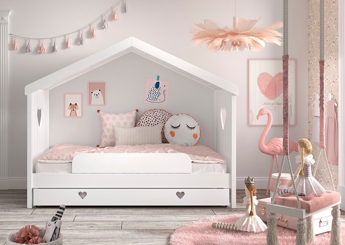 VIPACK Hausbett »Amori, inkl. Dach, Rückseitig offen, mit Rolllattenrost« B/H/T ca. 213x171, 7x98, 7cm, verspielte Herz-Ausschnitte seitlich,...