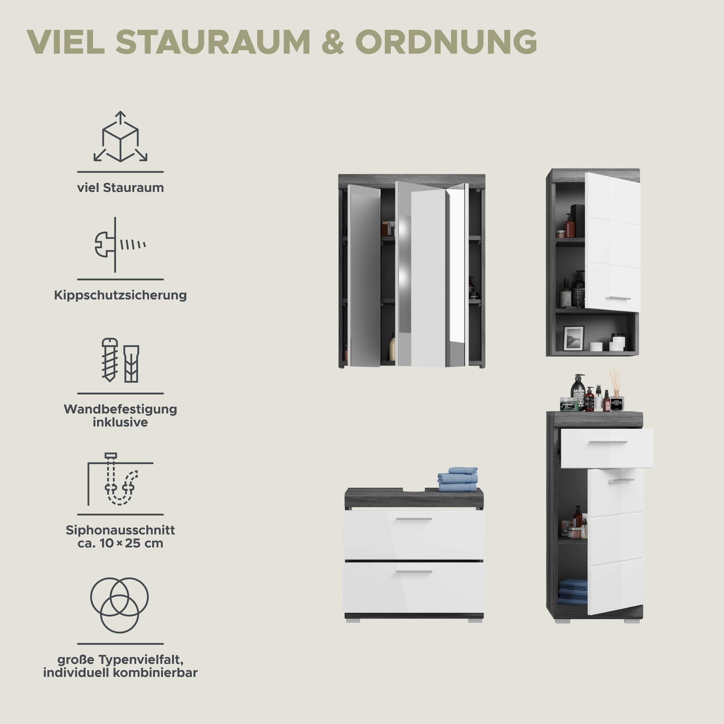 INOSIGN Badmöbel-Set »Siena, 4 teilig, bestehend aus:«, (Set, 4 St.), Waschbeckenunterschrank, Spiegelschrank, Unterschrank, Hängeschrank