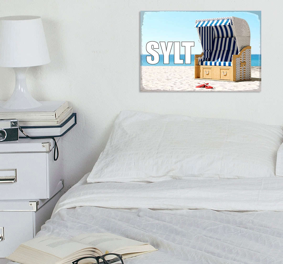 queence Metallbild »Sylter Strandkorb«, Schriftzüge-Schriftzug-Meer-Strand, (1 St.), Stahlschild, Blechschild, Sprüche, Texte, Fernweh, Sylt