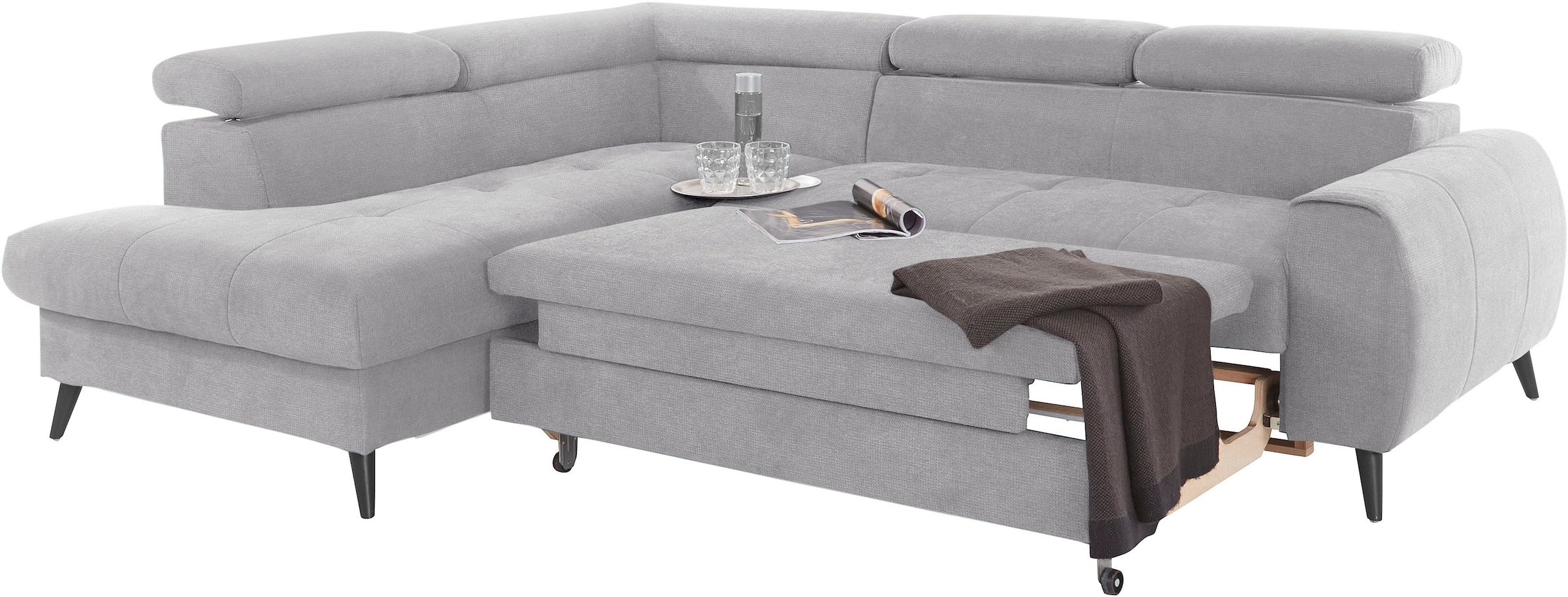 COTTA Ecksofa »Mia L-Form mit 3 Zierkissen«, wahlweise mit Bettfunktion, Bettkasten, Beleuchtung & Wireless-Charger