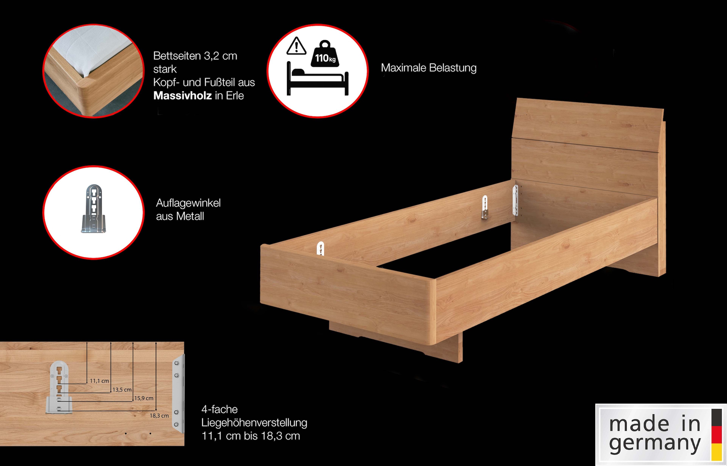 WIEMANN Holzbett »Cardiff, Bettgestell, Bettrahmen, teilmassiv Erle«, (Belastbarkeit 110/220 Kg, 4-fache höhenverstellbar, MADE IN GERMANY), Kopf- und Fußteil aus Massivholz in Erle, verschiedene Größen