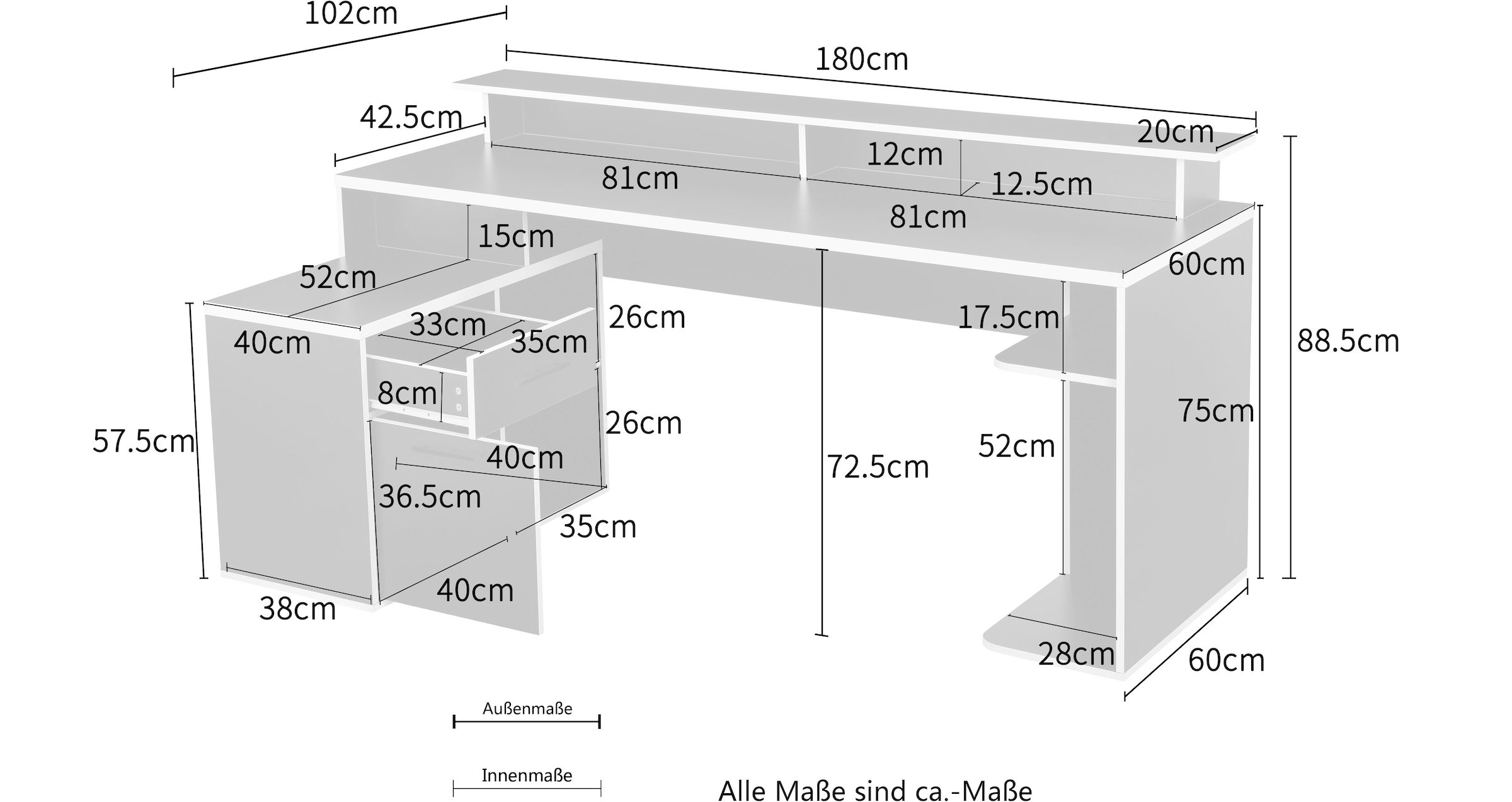 INOSIGN Gamingtisch »Game, Computertisch, Eckschreibtisch«, Towerfach, Kabeldurchlass, Monitoraufsatz, Stauraum, Maße 180x102 cm