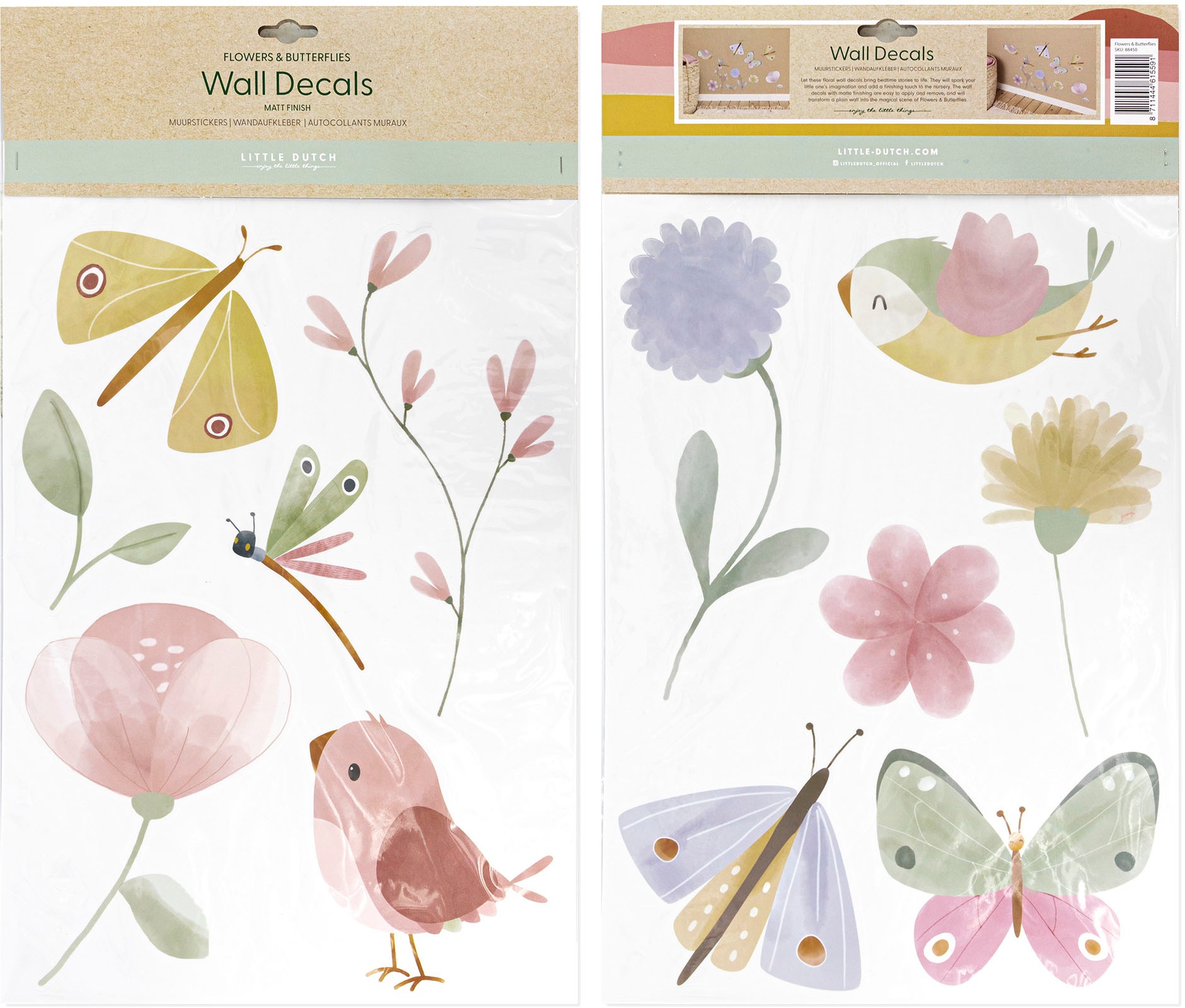 LITTLE DUTCH Wandtattoo »Little Dutch Selbstklebende Wandtattoo Set Flowers & Butterfiles«, (Set, 2 St.)
