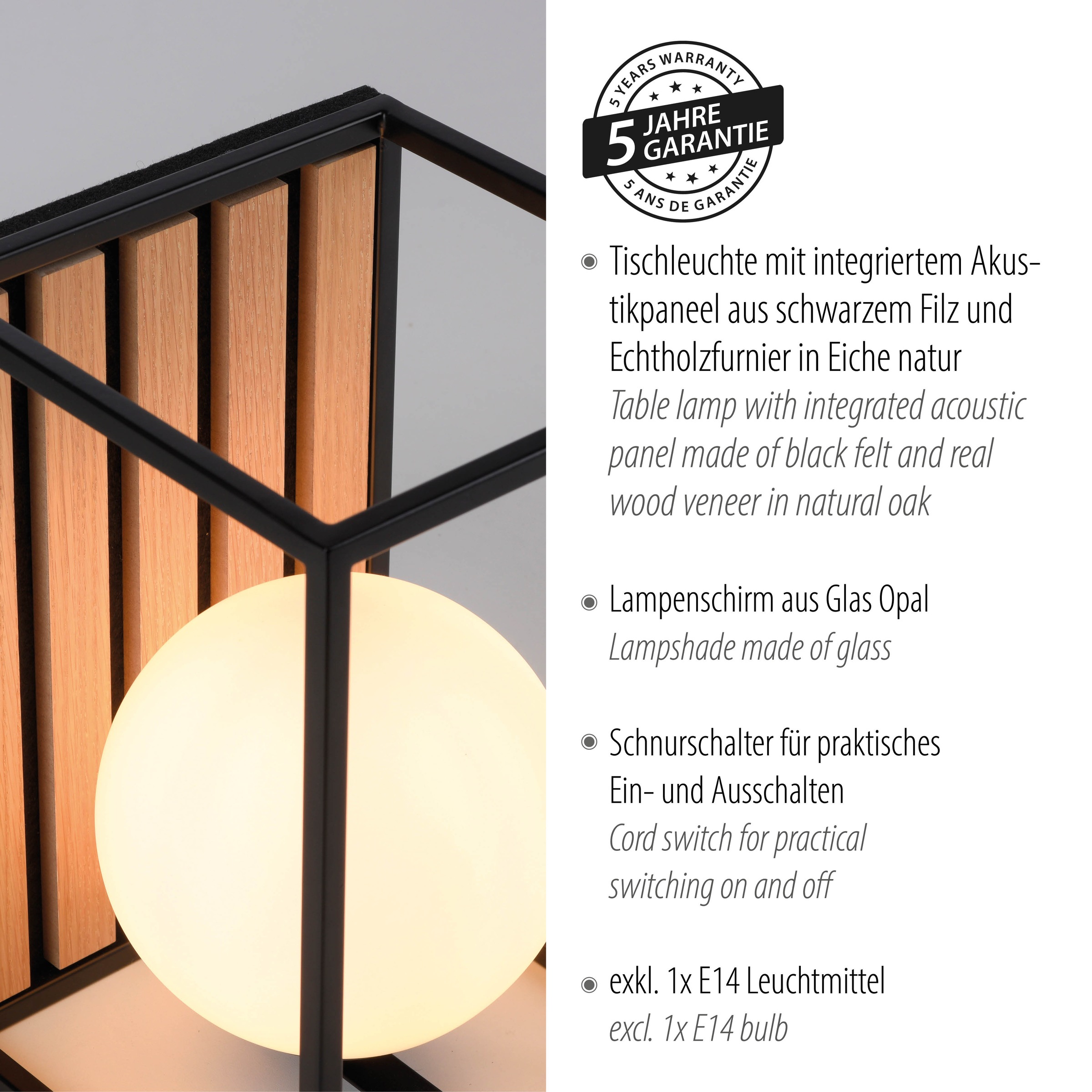 Leonique Tischleuchte »Erinette Akustikpaneele mit Glaskugel«, 1 flammig, Leuchtmittel E14 | ohne Leuchtmittel, Holz, Akustik, Paneele, Nachttisch, Glas, opal matt weiß