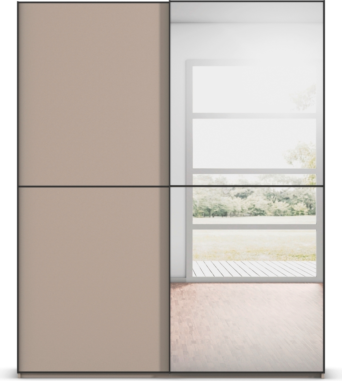 rauch Schwebetürenschrank »Kleiderschrank Schrank Garderobe Schlafzimmerschrank SCALE-DUO«, edle zweigeteilte Türen, Spiegel und 3 Zierleisten MADE IN GERMANY