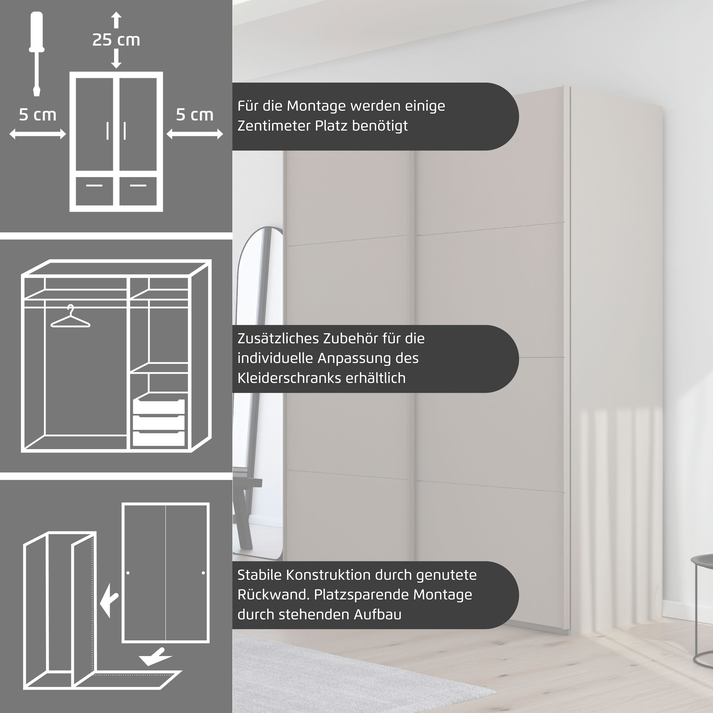 rauch Schwebetürenschrank »Kleiderschrank Schrank Garderobe Schlafzimmerschrank SCALE-FYRA«, edle Türen viergeteilt Glas matt/glänzend viele Farben MADE IN GERMANY