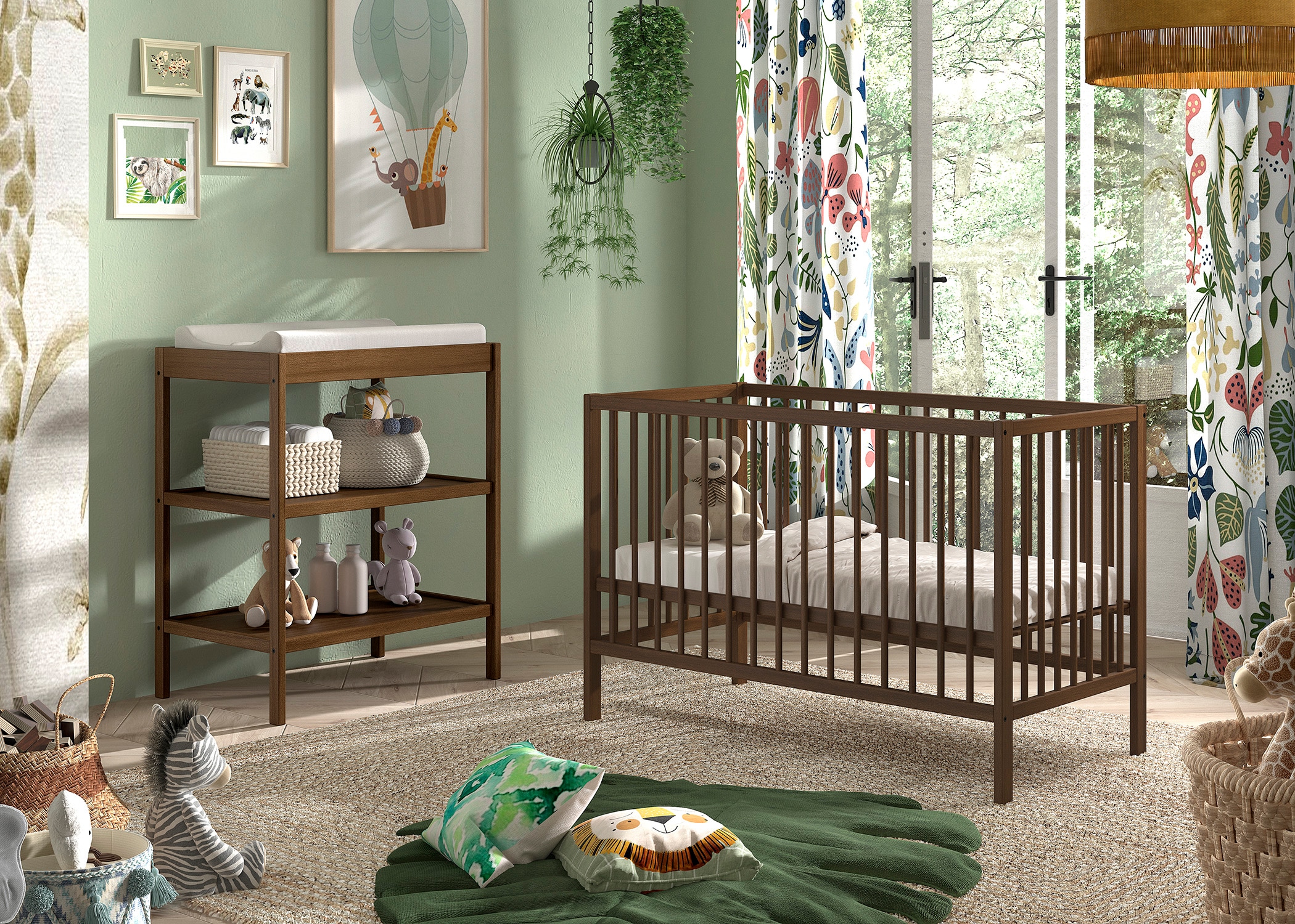 Vipack Babymöbel-Set »DINO, ideal für Ihr Kinderzimmer, Made in Europe, Buche massiv« best. aus Babybett 60/120 u. Wickelregal, 2 tlg. Liegefläche 3-fach höhenverstellbar, Ausf. Buche Nussbaumfarbig