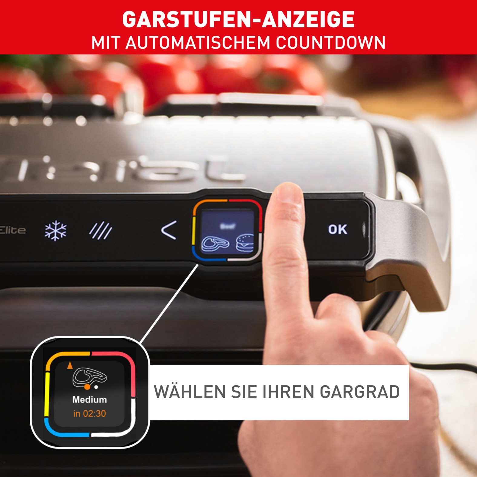 Tefal Kontaktgrill »OptiGrill Elite XL, spülmaschinengeeignete Platten«, 2200 W, Countdown zum Grillergebnis, Grillboost für Grillstreifen, GC760D