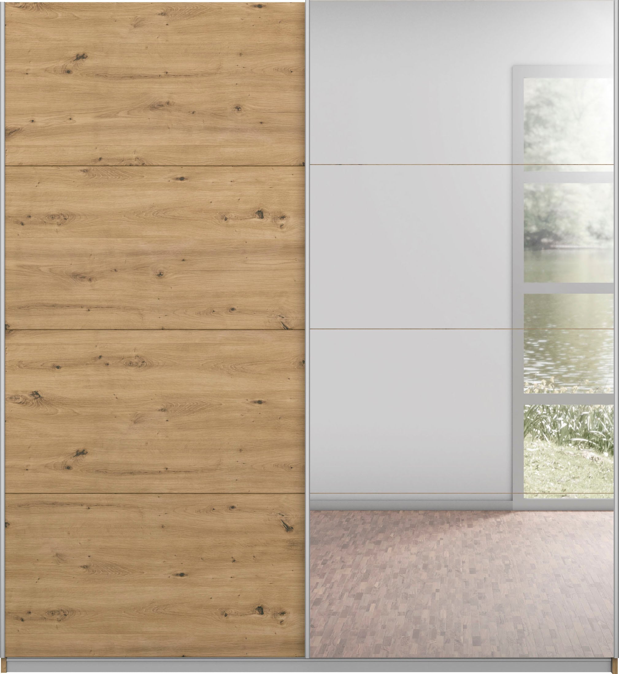 INOSIGN BY RAUCH Schwebetürenschrank »Kleiderschrank Schrank Garderobe Schlafzimmerschrank THANOS«, (in 3 verschiedenen Ausstattungen BASIC/CLASSIC/PREMIUM), Optional mit Spiegel, Metall-Griffleisten alufarben MADE IN GERMANY
