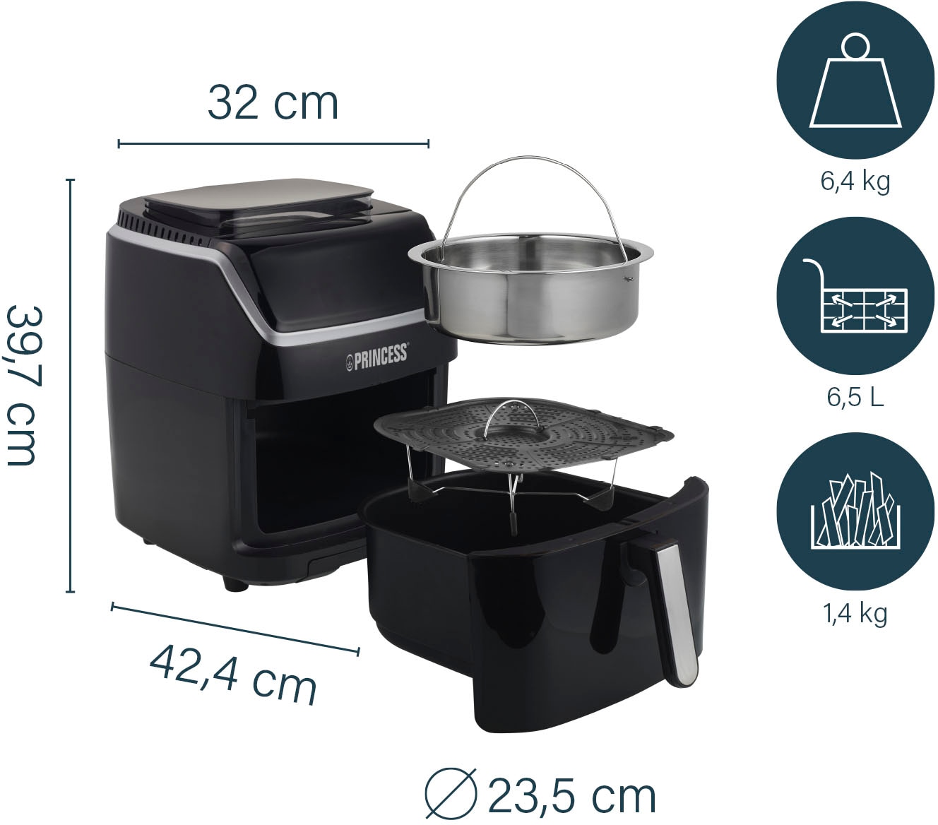 PRINCESS Fritteuse »182080«, 1700 W, Dampf-Airfryer, 6,5 l Volumen, 8 Programme, inkl. kleinem Kochbuch