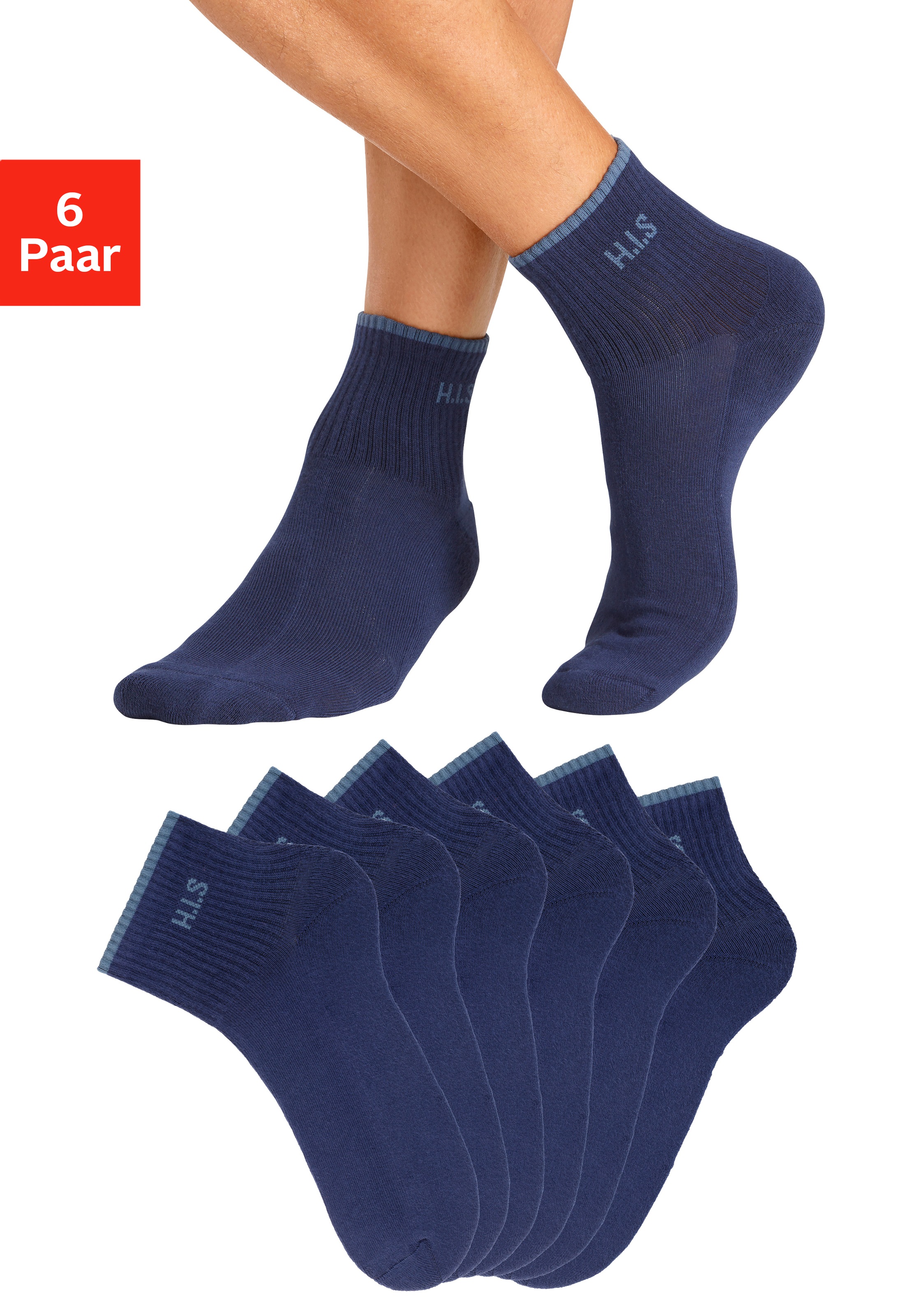 H.I.S Sportsocken Packung, 6 Paar tlg. Kurzsocken mit Frottee & verstärkten Belastungszonen marine 47-48 47-48 Tennis Kurzsocken für Sie und Ihn