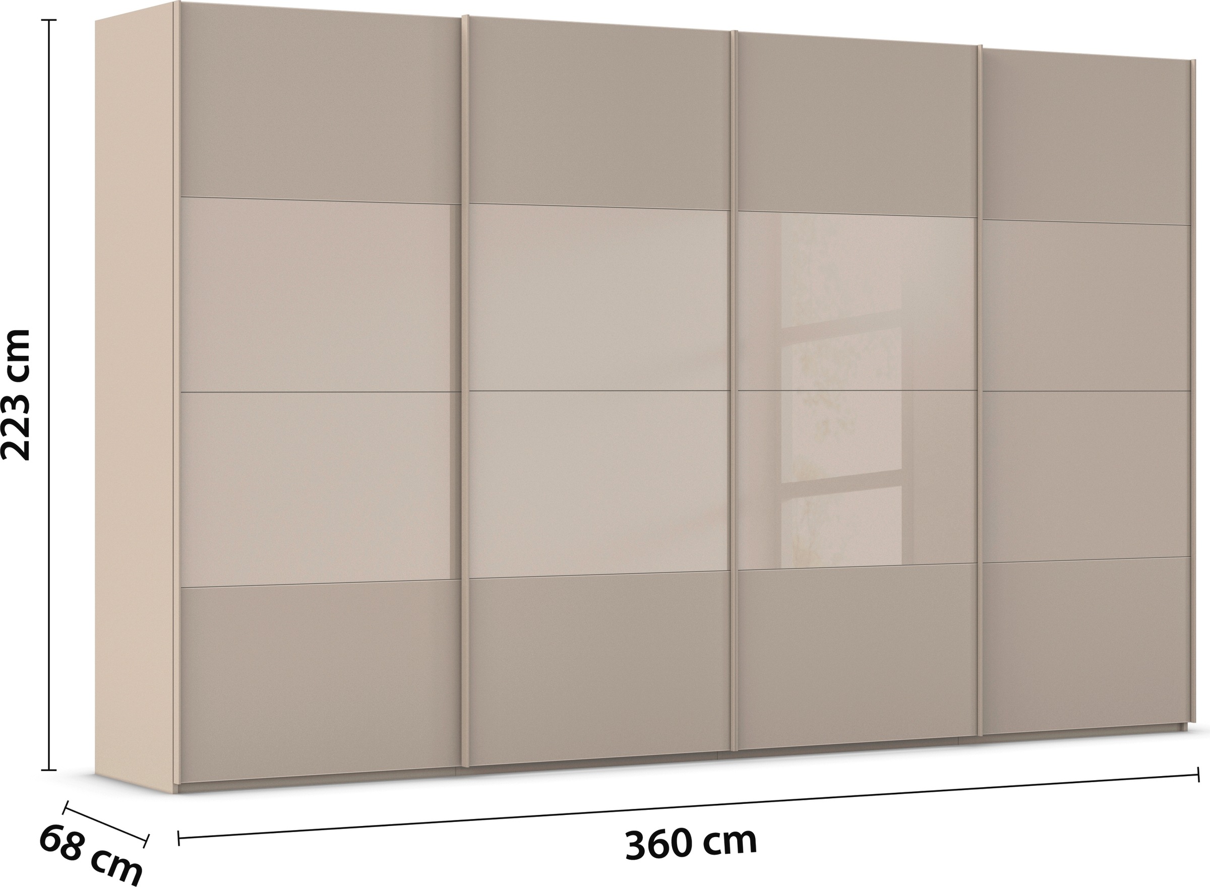 rauch Schwebetürenschrank »Kleiderschrank Schrank Garderobe Schlafzimmerschrank SCALE-FYRA«, edle Türen viergeteilt Glas matt/glänzend viele Farben MADE IN GERMANY