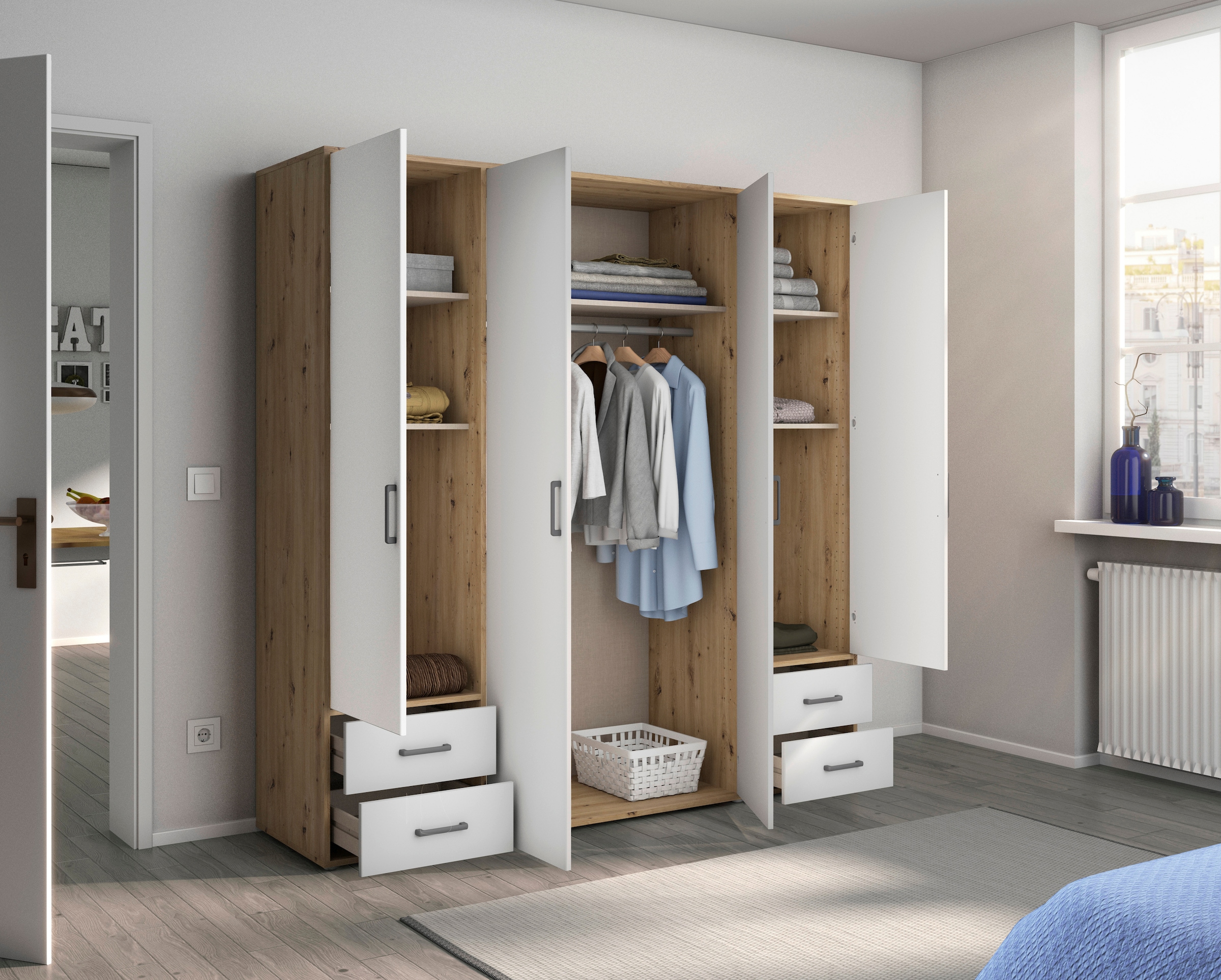 rauch Drehtürenschrank »Voyager, Kleiderschrank mit Außenschubkästen, Garderobe«, (in 3 verschiedenen Ausstattungen BASIC/CLASSIC/PREMIUM), Made in Germany