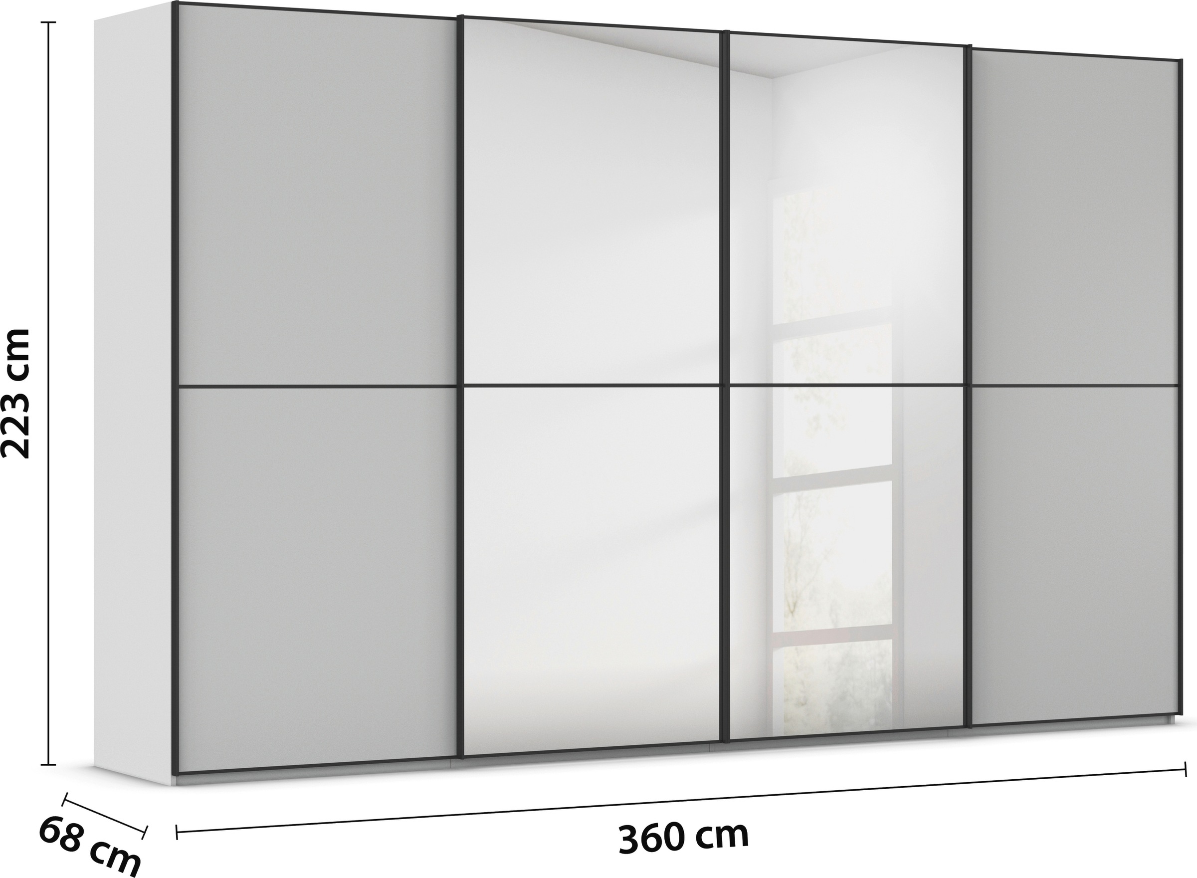 rauch Schwebetürenschrank »Kleiderschrank Schrank Garderobe Schlafzimmerschrank SCALE-DUO«, edle zweigeteilte Türen, Spiegel und 3 Zierleisten MADE IN GERMANY