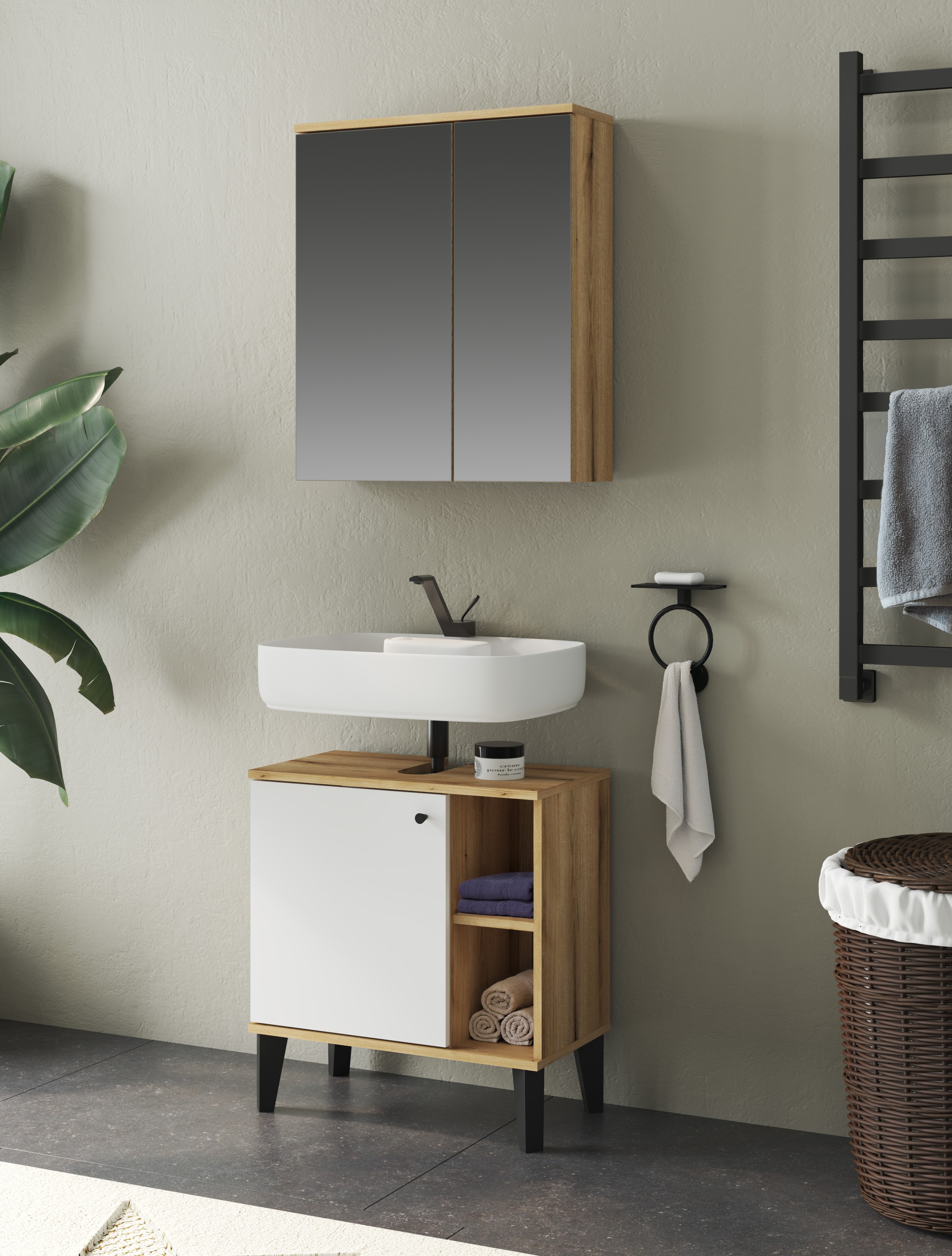 INOSIGN Badmöbel-Set »OSLO, Bad im skandinavischen Design, 2-teiliges Badezimmer«, (Set, 2 St.), Unterschrank und Spiegel, in zwei Farben verfügbar, viel Stauraum