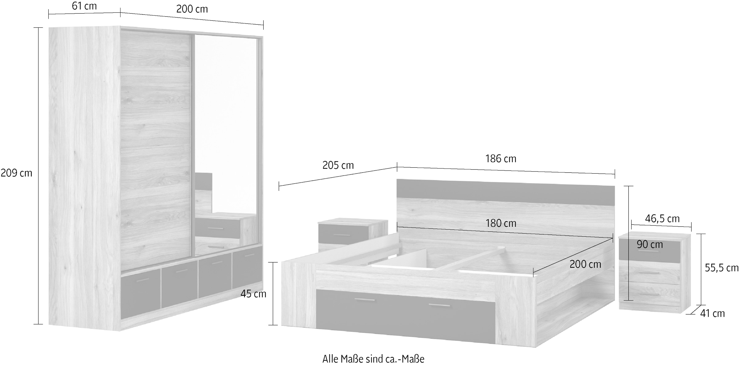 INOSIGN Schlafzimmer-Set »Faweza,Set 4-St(Bett 180 cm, 2xNako, Schwebetürenschrank)«, Komplettschlafzimmer, viel Stauraum