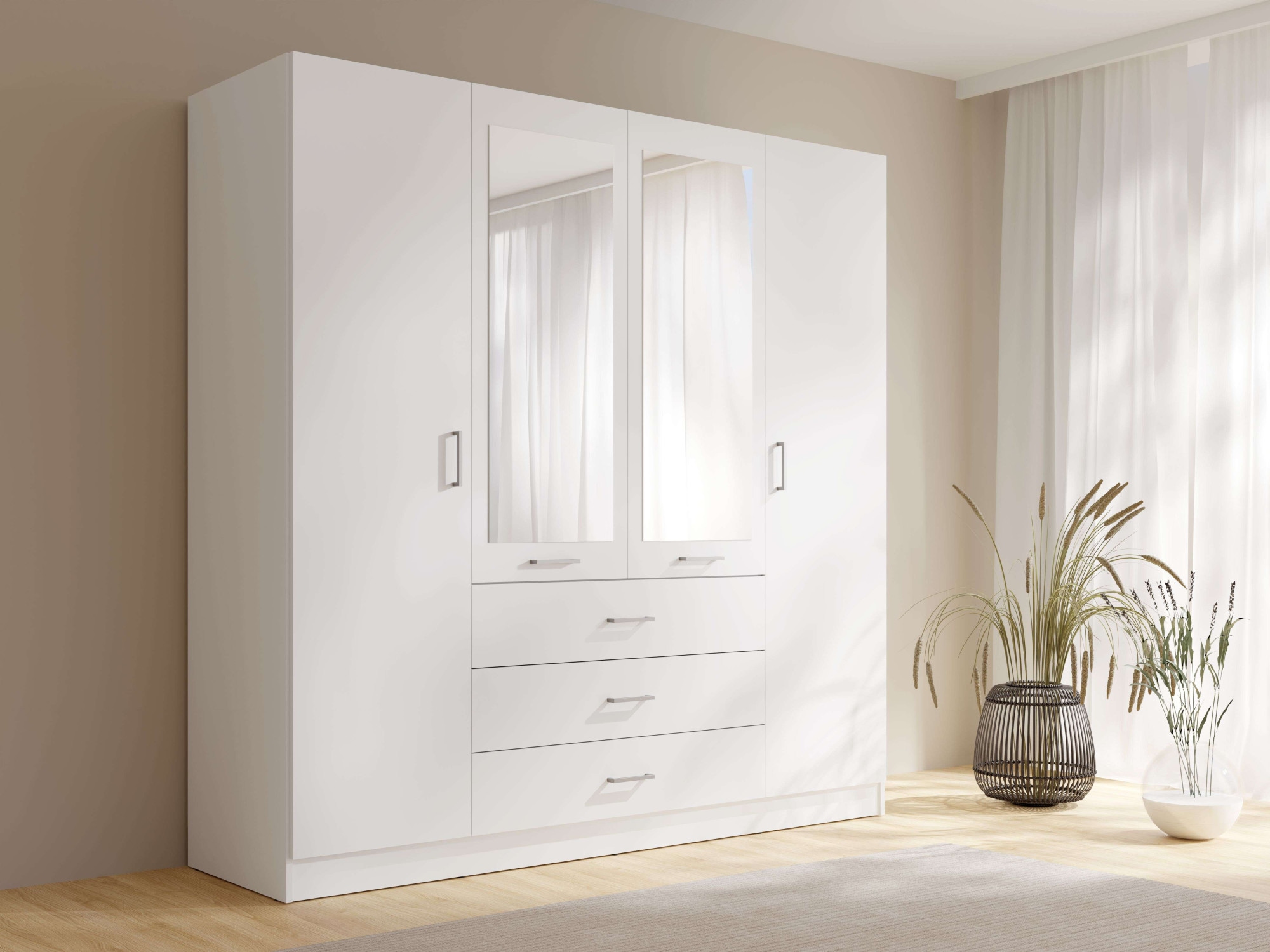 Home affaire Kleiderschrank »KOS Garderobe mit 3 Schubladen, Kleiderstange, 8 Einlegeböden, Spiegel«, Wäscheschrank mit 4 Drehtüren, silber Griffen, Maße B/H/T 200/200/58cm