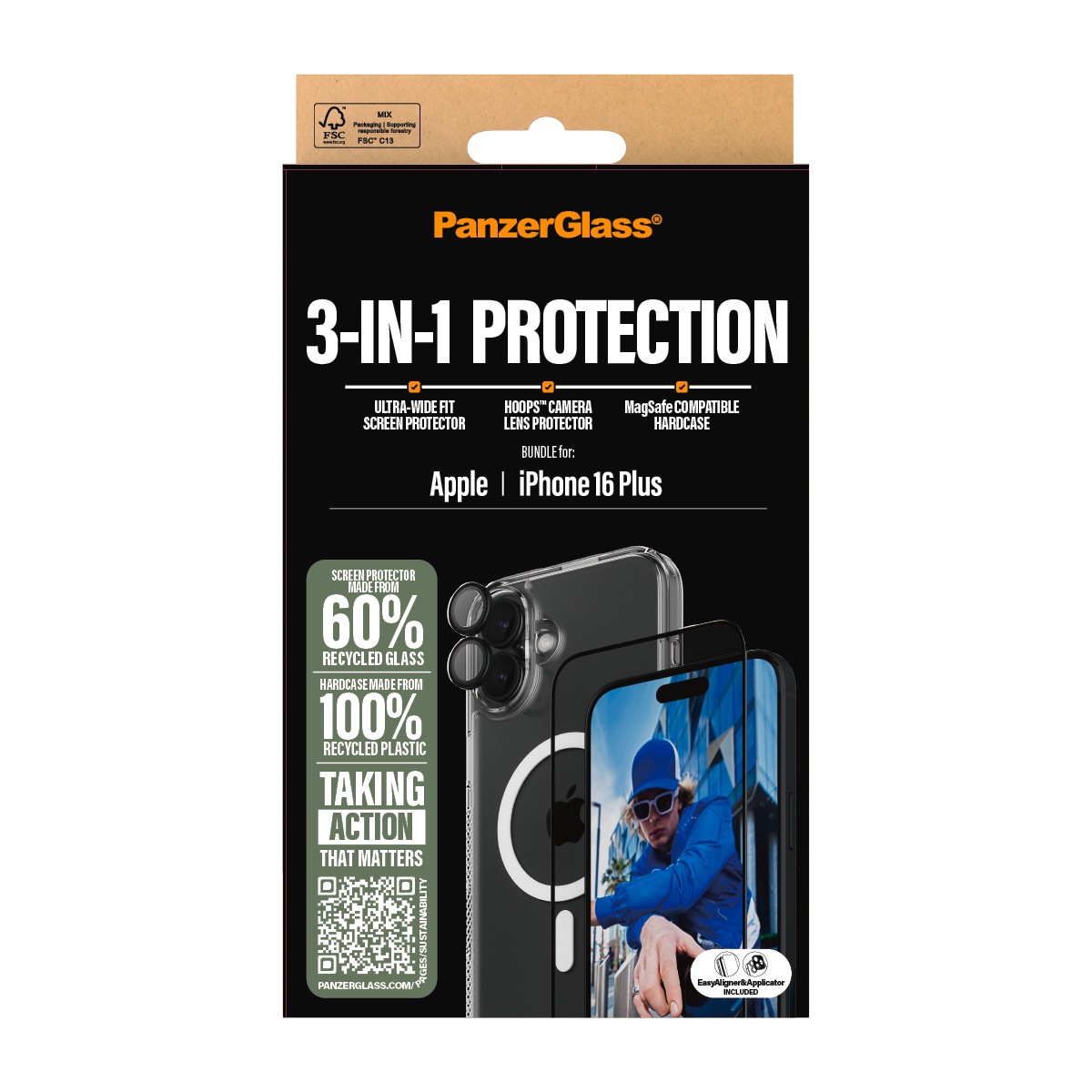 PanzerGlass Displayschutzglas »3-in-1 Protection, Glass, Hoops, Case«, für Apple iPhone 16 Plus, Displayschutzfolie, Schutzfolie, Bildschirmschutz, kratz- & stoßfest