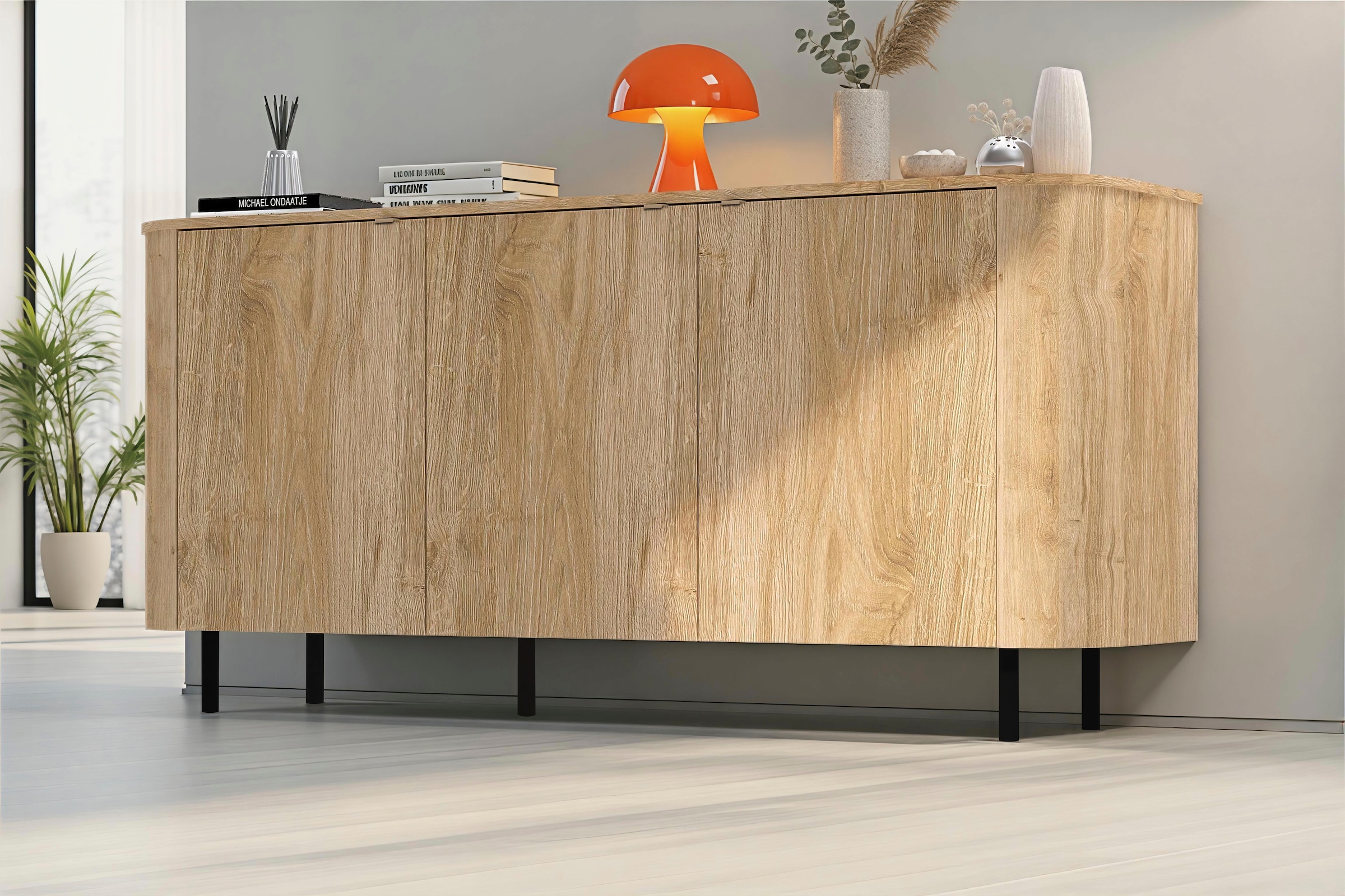 Home affaire Sideboard »Murano, 181 cm breit, 3 Türen, Anrichte, Kommode, Stauraumschrank« Formgebogenes MDF, Stirnseiten mit Rundung, Füße und Griffe aus Metall