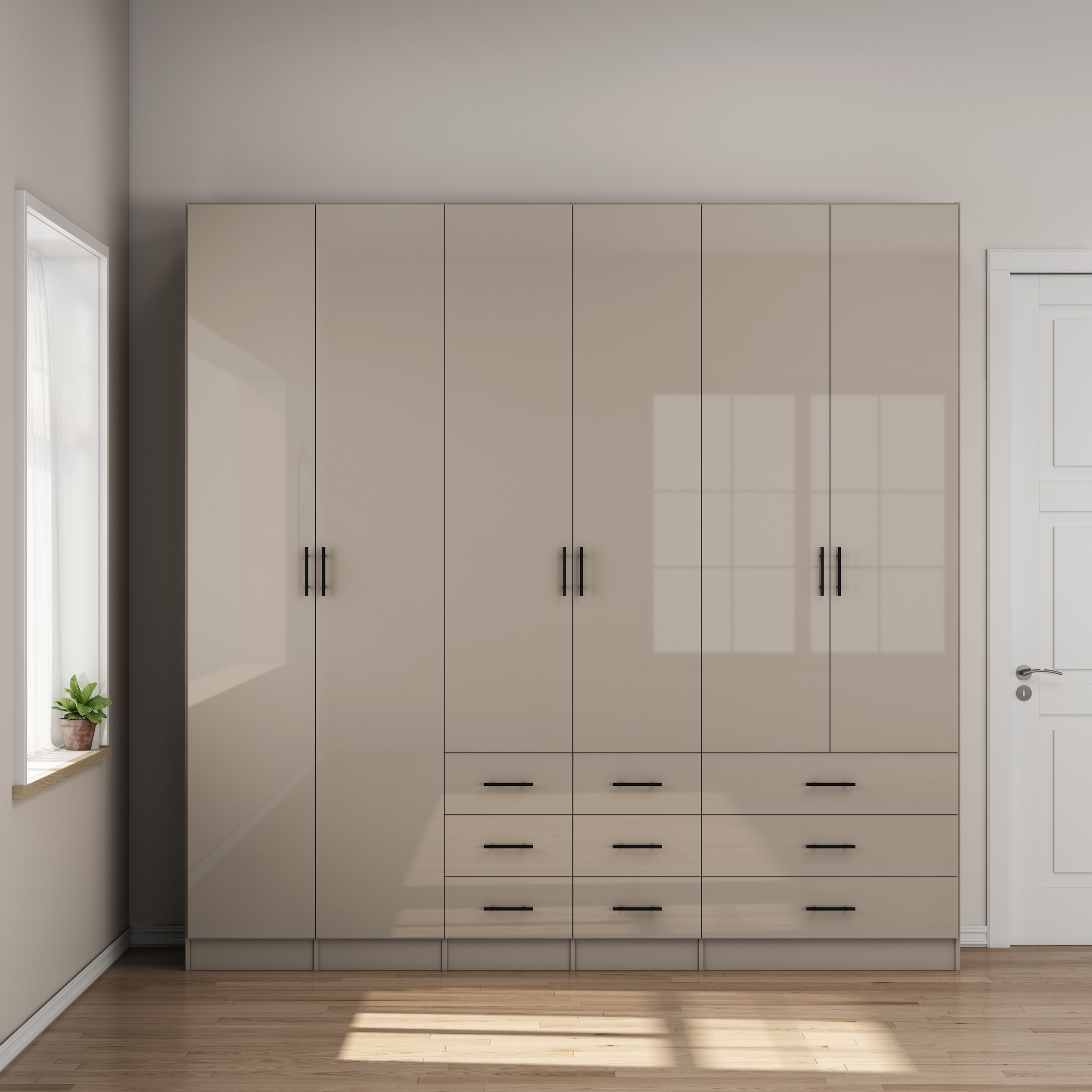 OTTO home Kleiderschrank »Trento Schlafzimmerschrank Garderobe hochglanz« in 2 unterschiedlichen Schrankhöhen wählbar,  Schrank mit 6 Türen und 9 Schubladen, Hochglanz-Fronten, 2,39m Höhe