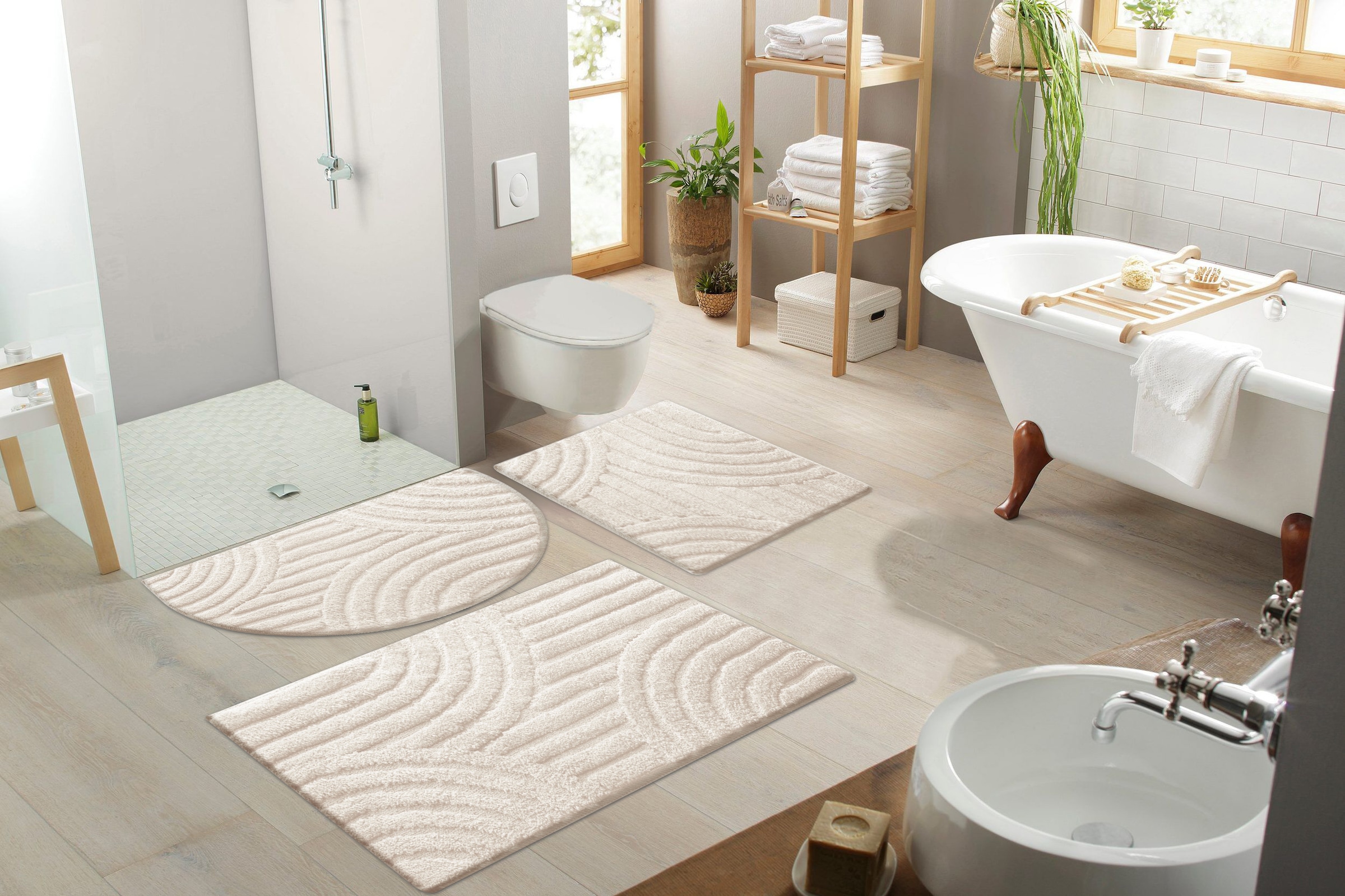 my home Badematte »Regona Scandi, Badvorleger, Badezimmer Teppich, Duschvorleger«, rutschhemmend beschichtet, strapazierfähig, Badteppich, Uni Farben, Hoch-Tief-Effekt, modernes Muster, Zen