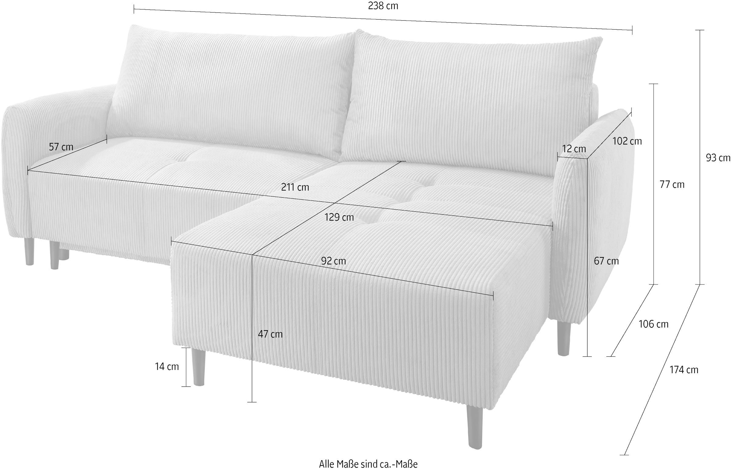 INOSIGN Ecksofa »Mara, L-Form, aktueller Cord Bezug und tolle Farben, schmale Armlehnen«, whlw. mit Bettfunktion,Recamiere links/rechts montierbar, Breite 238cm