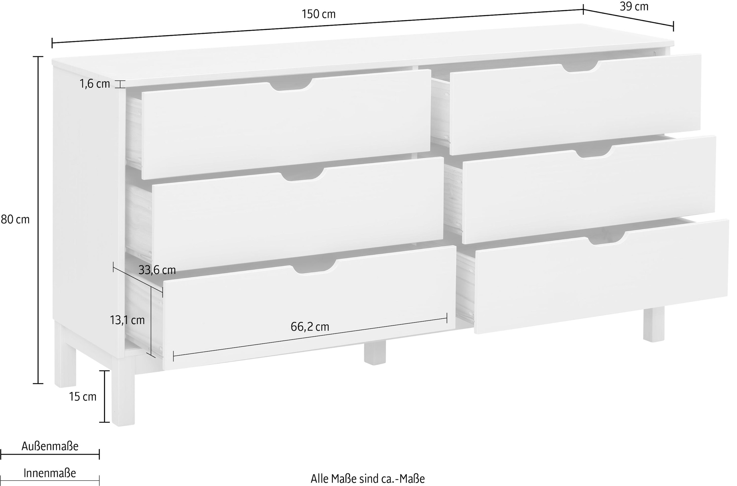 Home affaire Kommode »Post«, massives Kiefernholz, mit vielen Stauraummöglichkeiten, Breite 150 cm